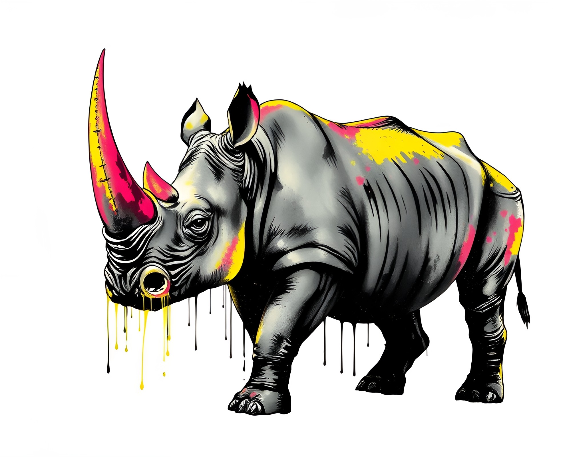Majestic Rhino in Ink Wash Drips – free AI stock image