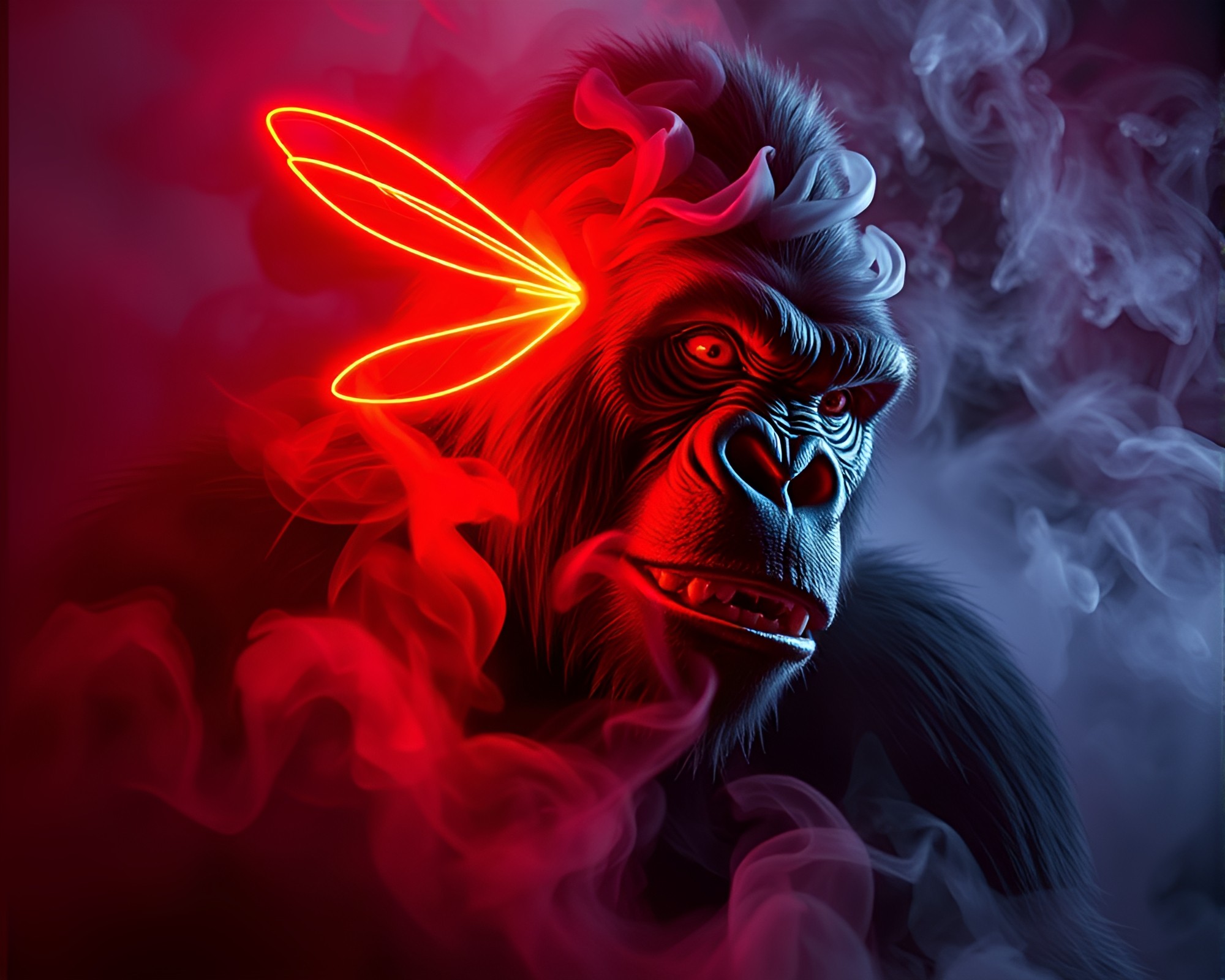Neon Gorilla in Smoke Swirls – free AI stock image