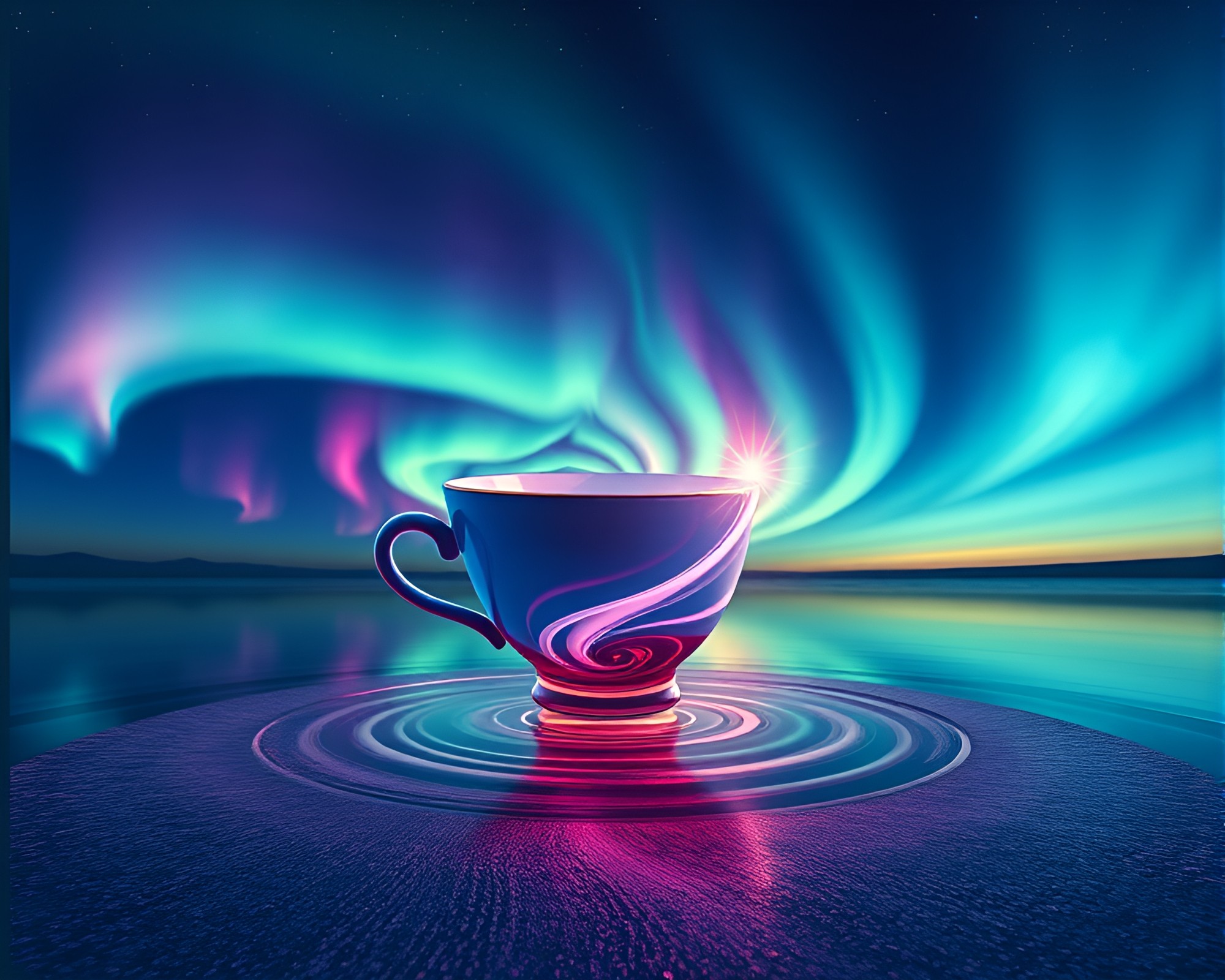 Whirling Tea Cup in Twilight Aurora Vortex – free AI stock image
