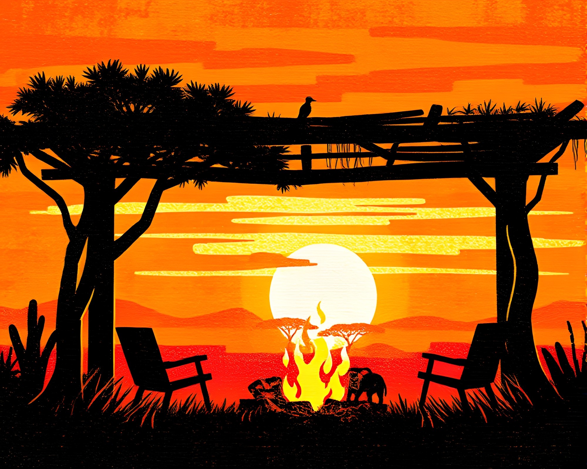 Savanna Sunset Impasto Halftone Grid Fireplace Flicker – free AI stock image