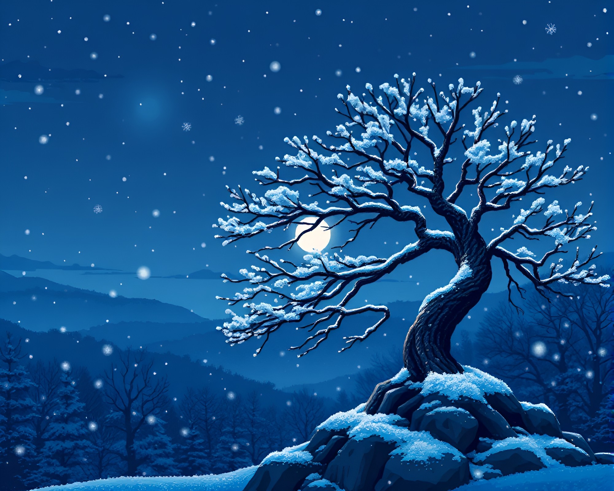 Twilight Bonsai Tree with 16-Bit Snowflakes – free AI stock image