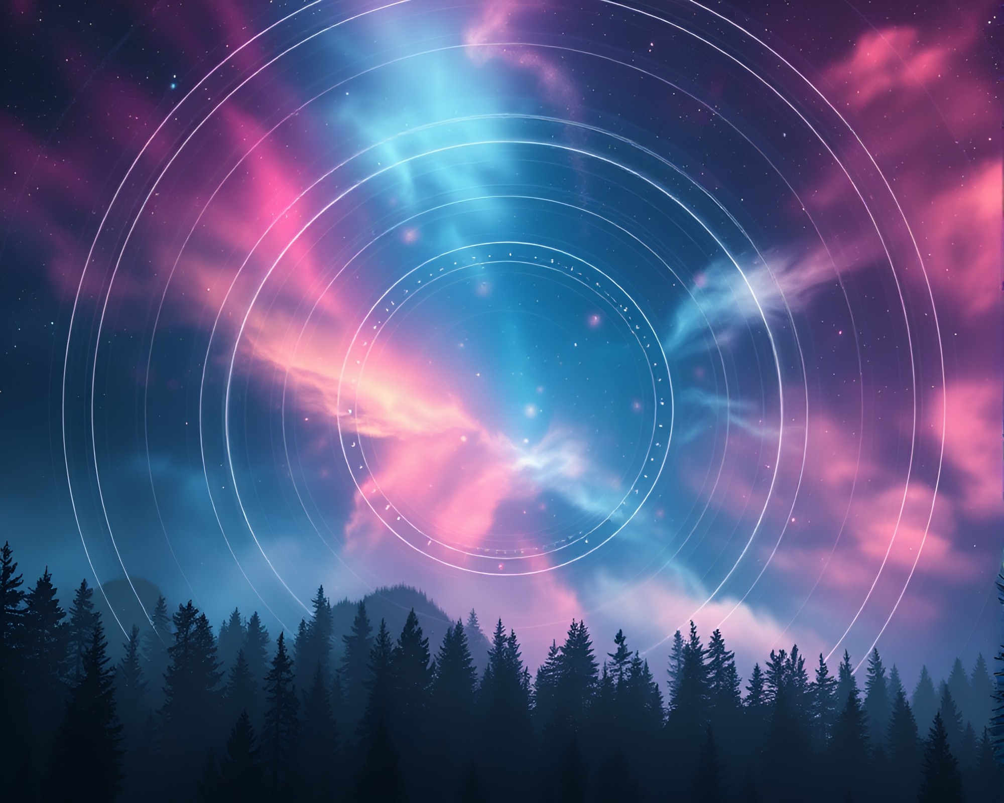 Enchanted Forest in Cosmic Wireframe Rendering – free AI stock image