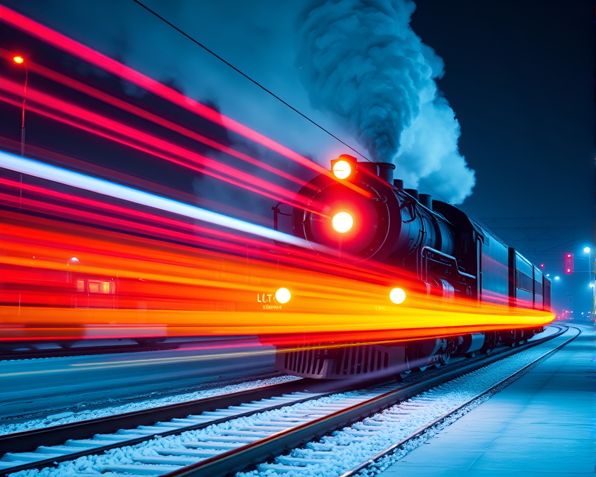 Steam locomotive glowing trails technical illustration – free AI stock image