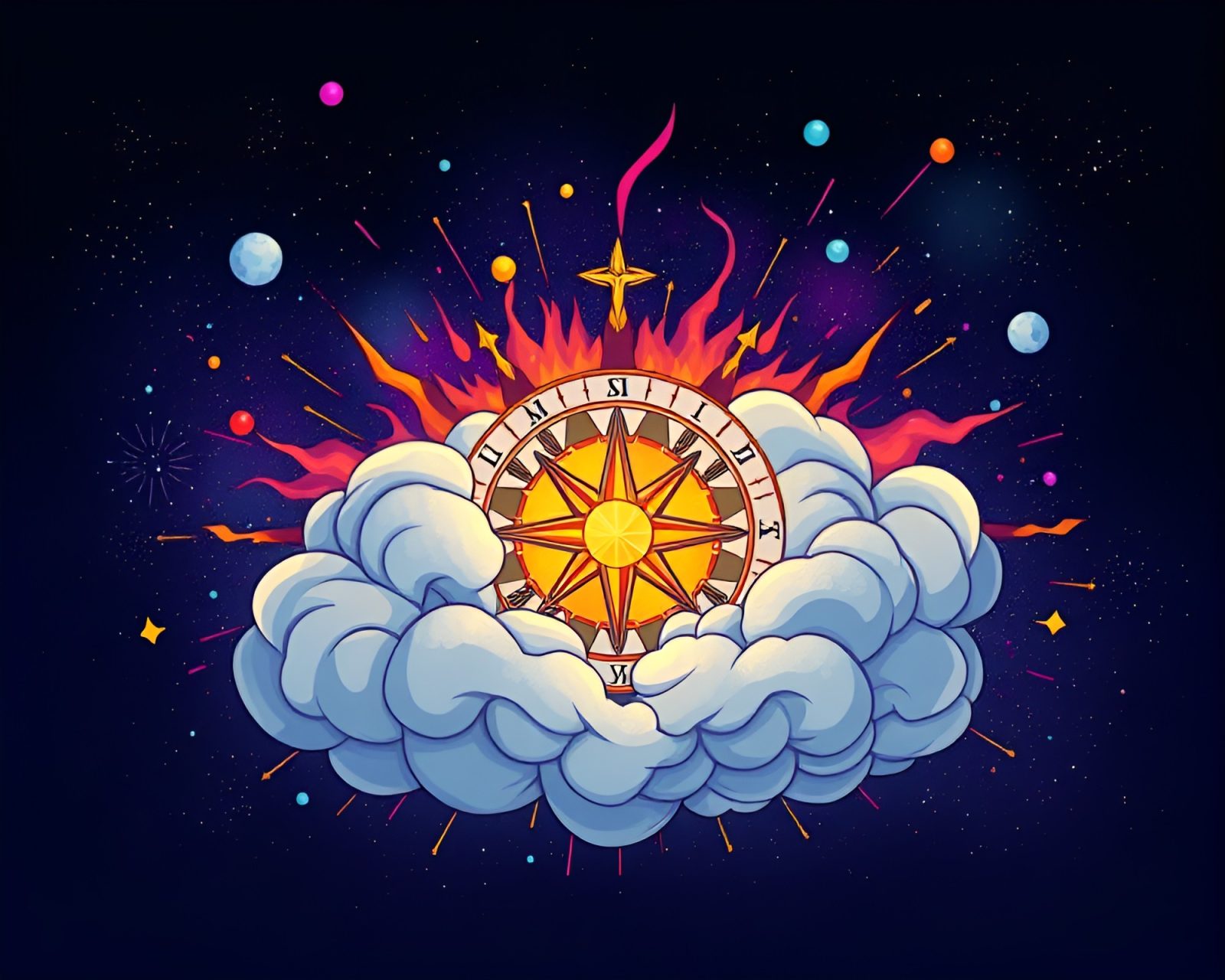 Bright explosion cloud in whimsical galaxy-themed cartoon
