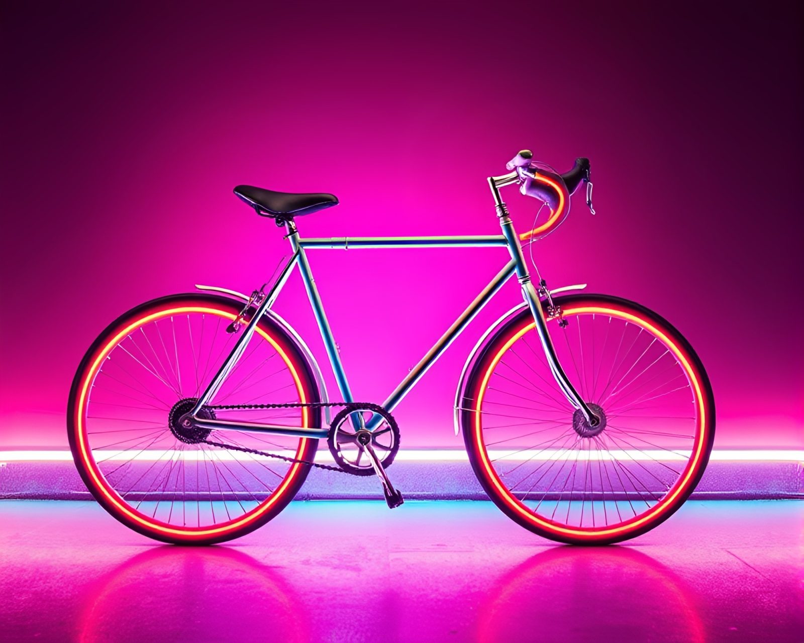 Bicycle outlined in neon tubing against subdued backdrop