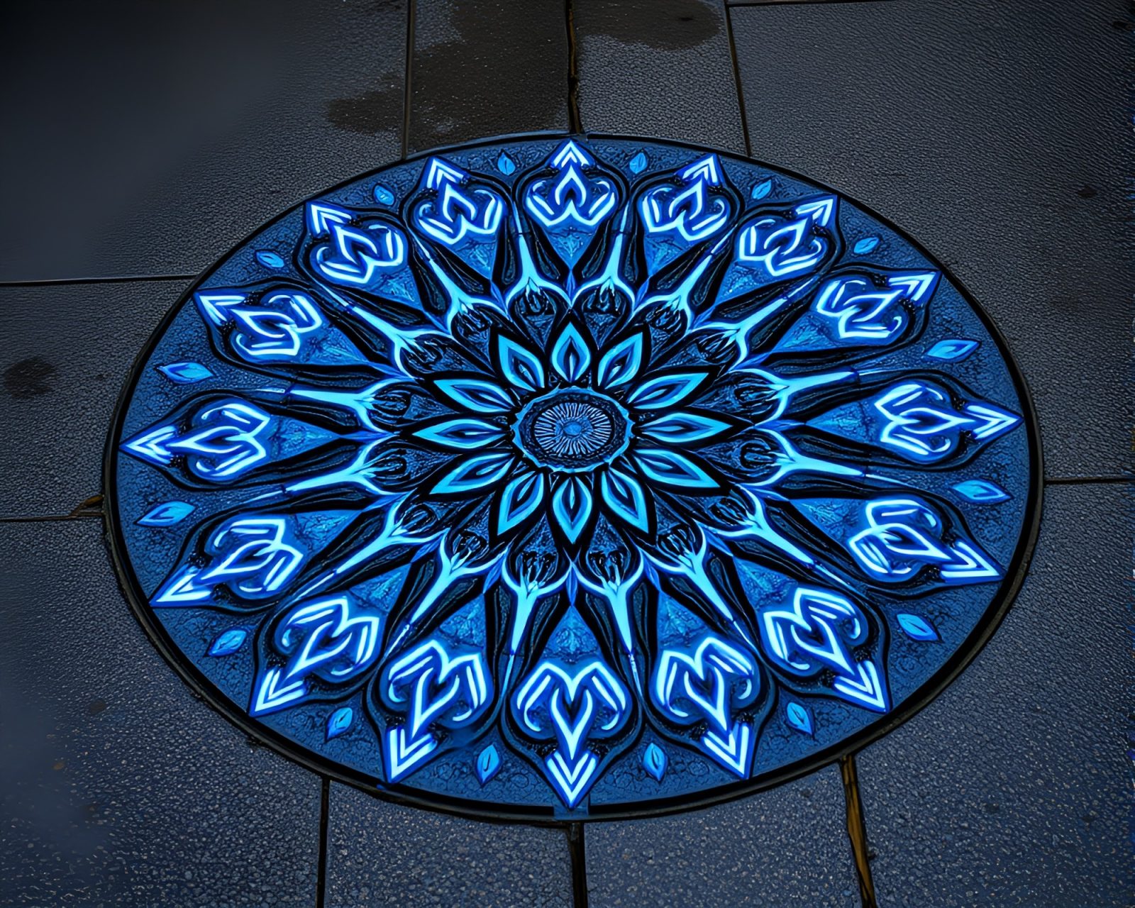 Glowing steel-blue mandala reflected on rain-soaked ground