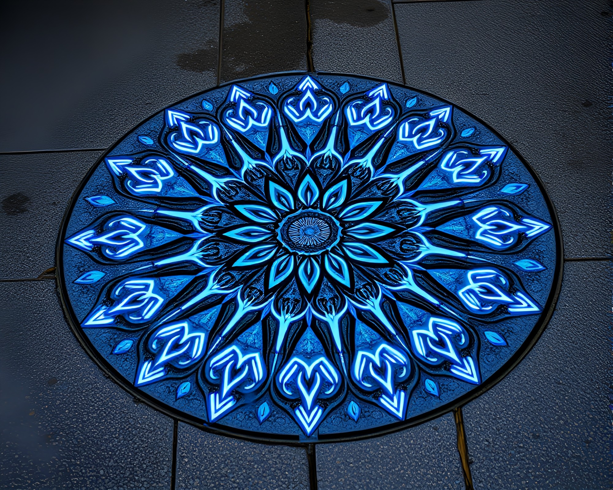 Neon Mandala on Wet Pavement – free AI stock image