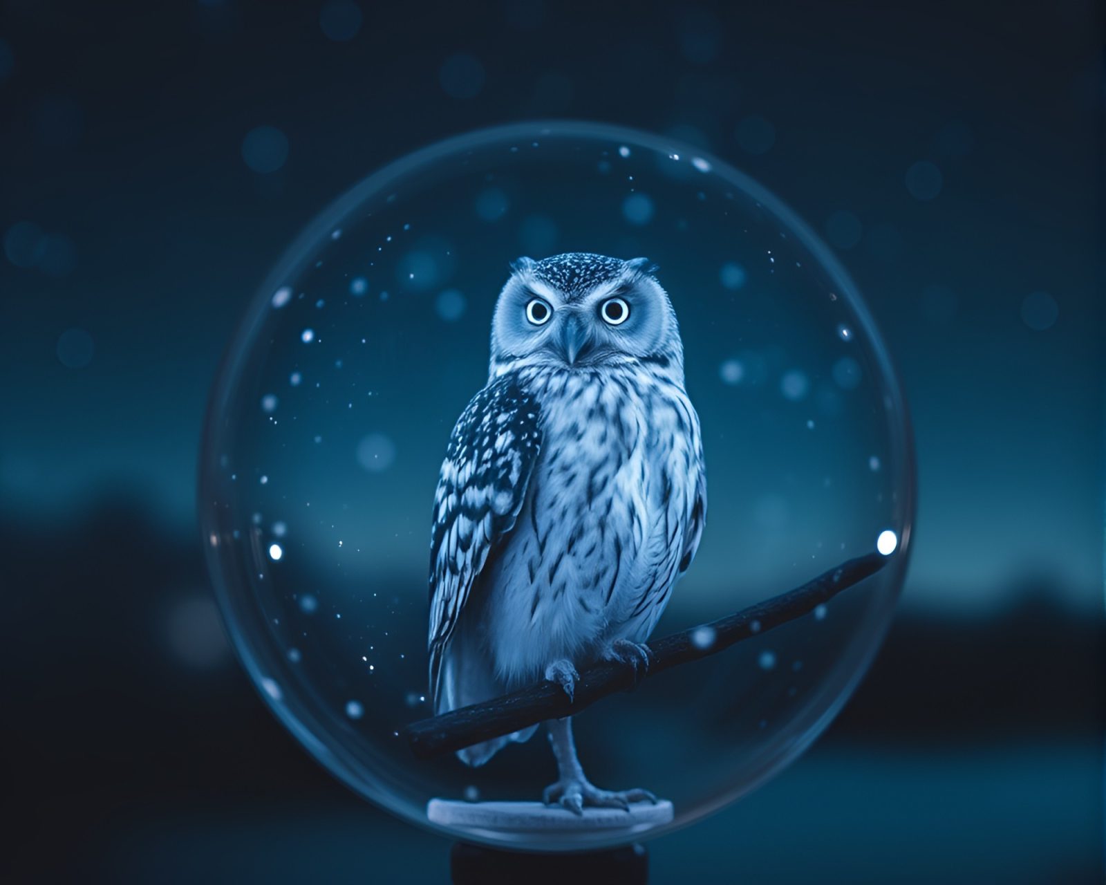 Miniature clockwork owl under starlit sky through distorted glass