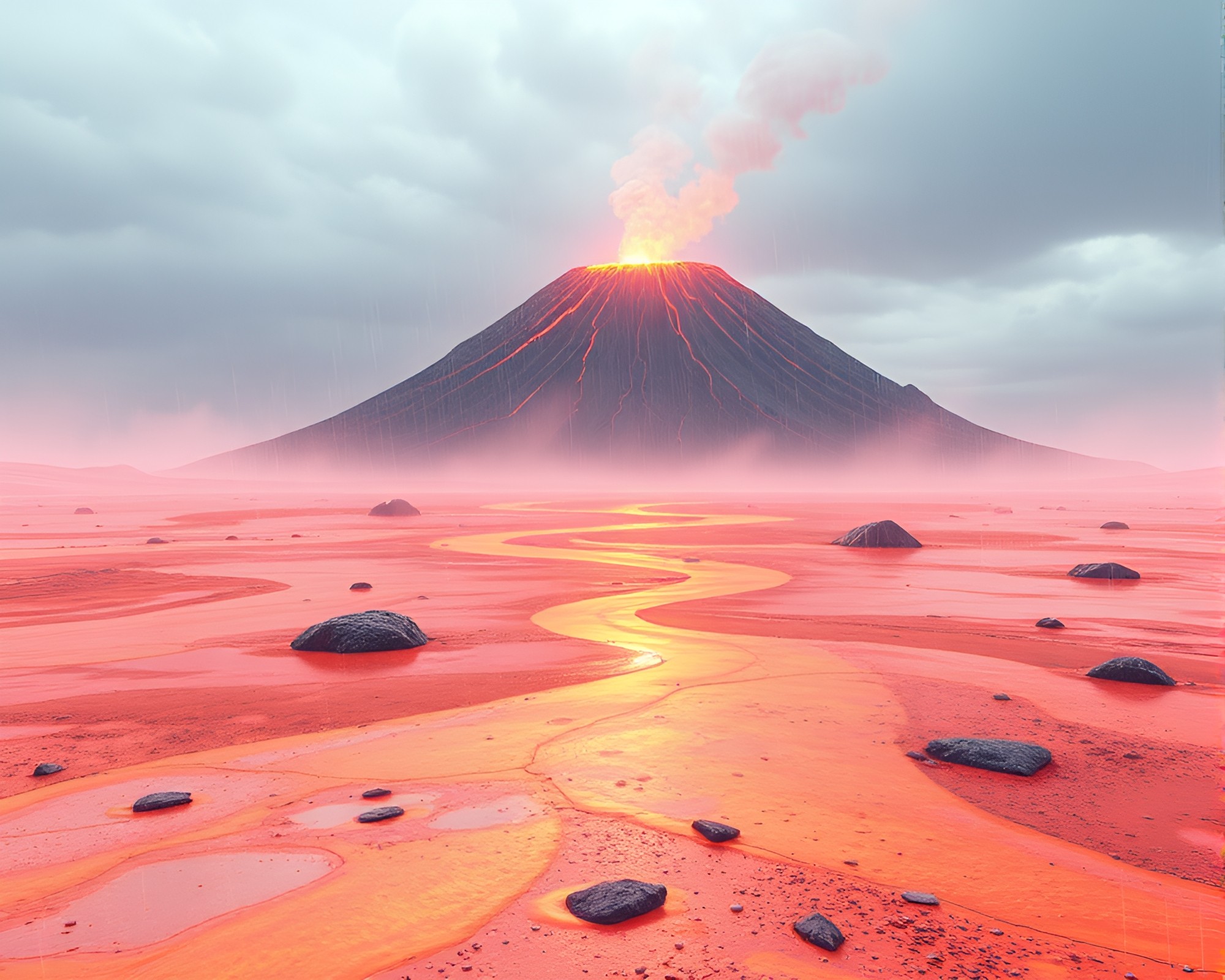 Misty Volcanic Island with Wet Pavement – free AI stock image