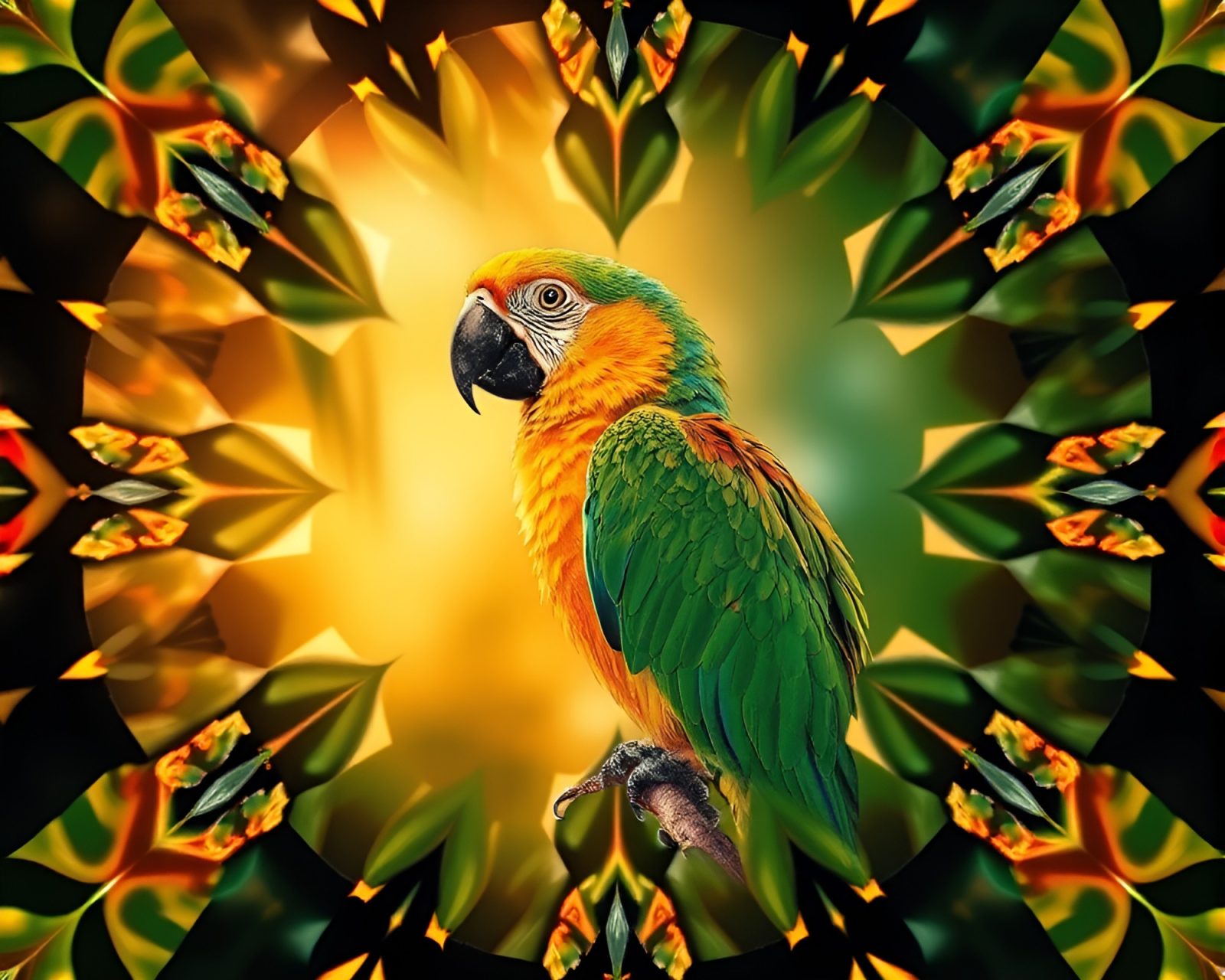 Colorful parrot surrounded by kaleidoscope patterns in warm light