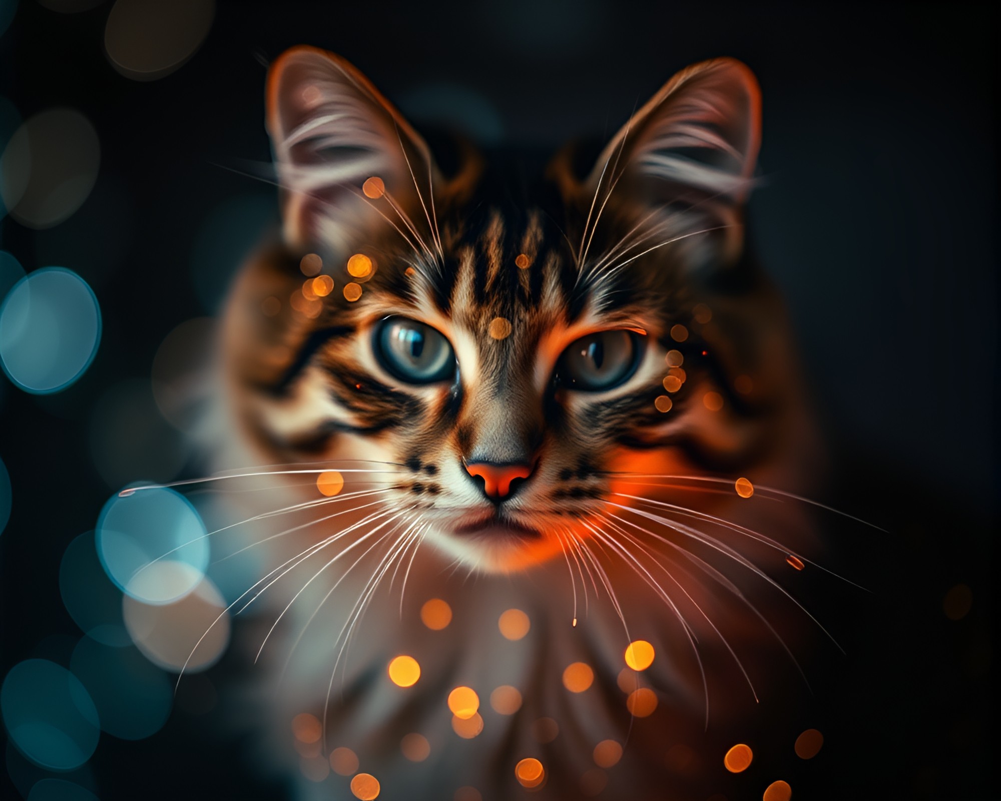 Schrodinger’s cat among action painted mildew in bokeh light – free AI stock image