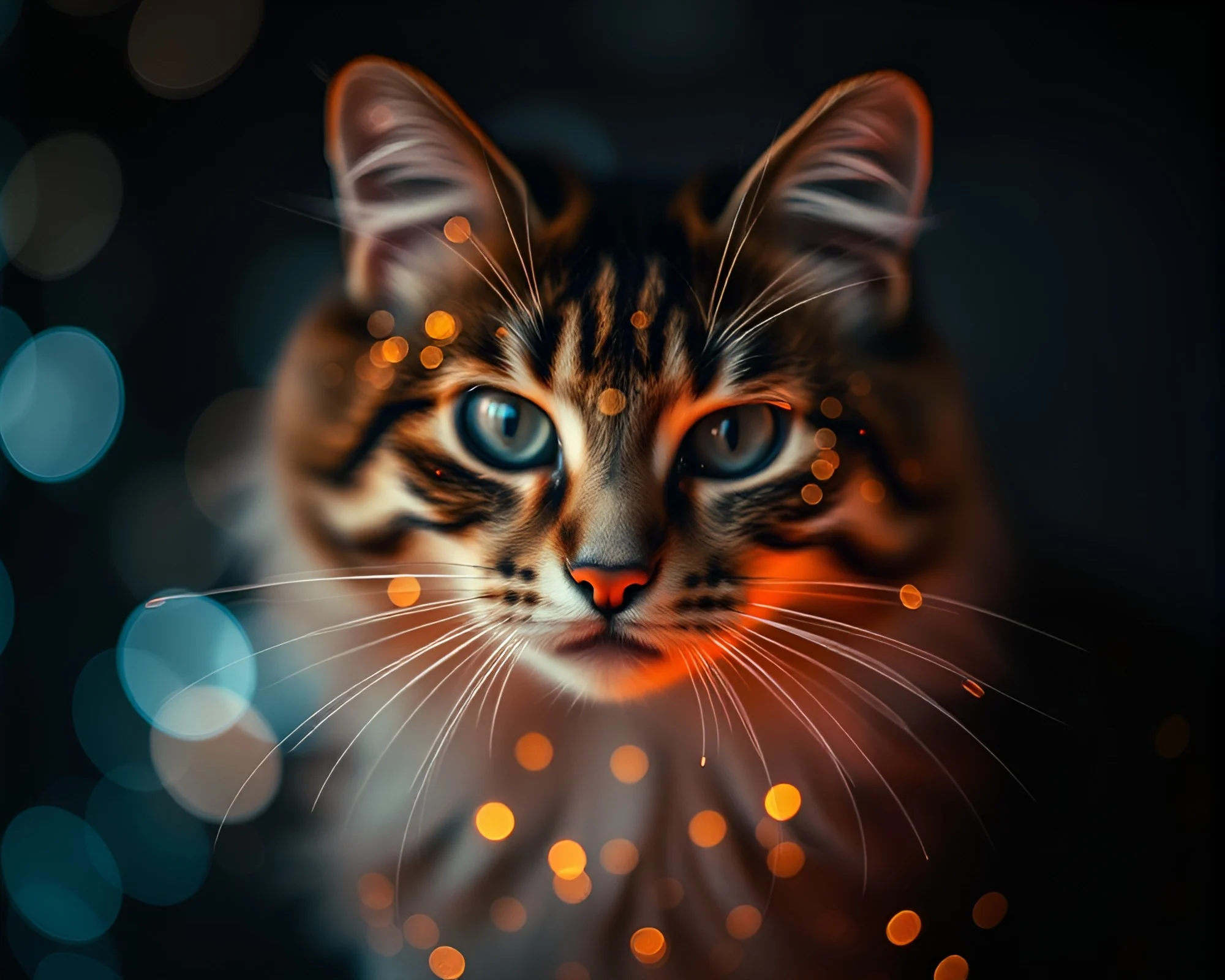 Schrodinger’s cat among action painted mildew in bokeh light
