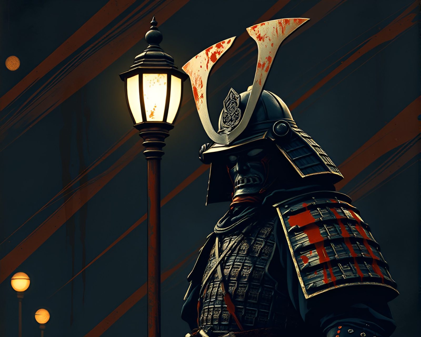 Flat color illustration of samurai warrior under streetlamp