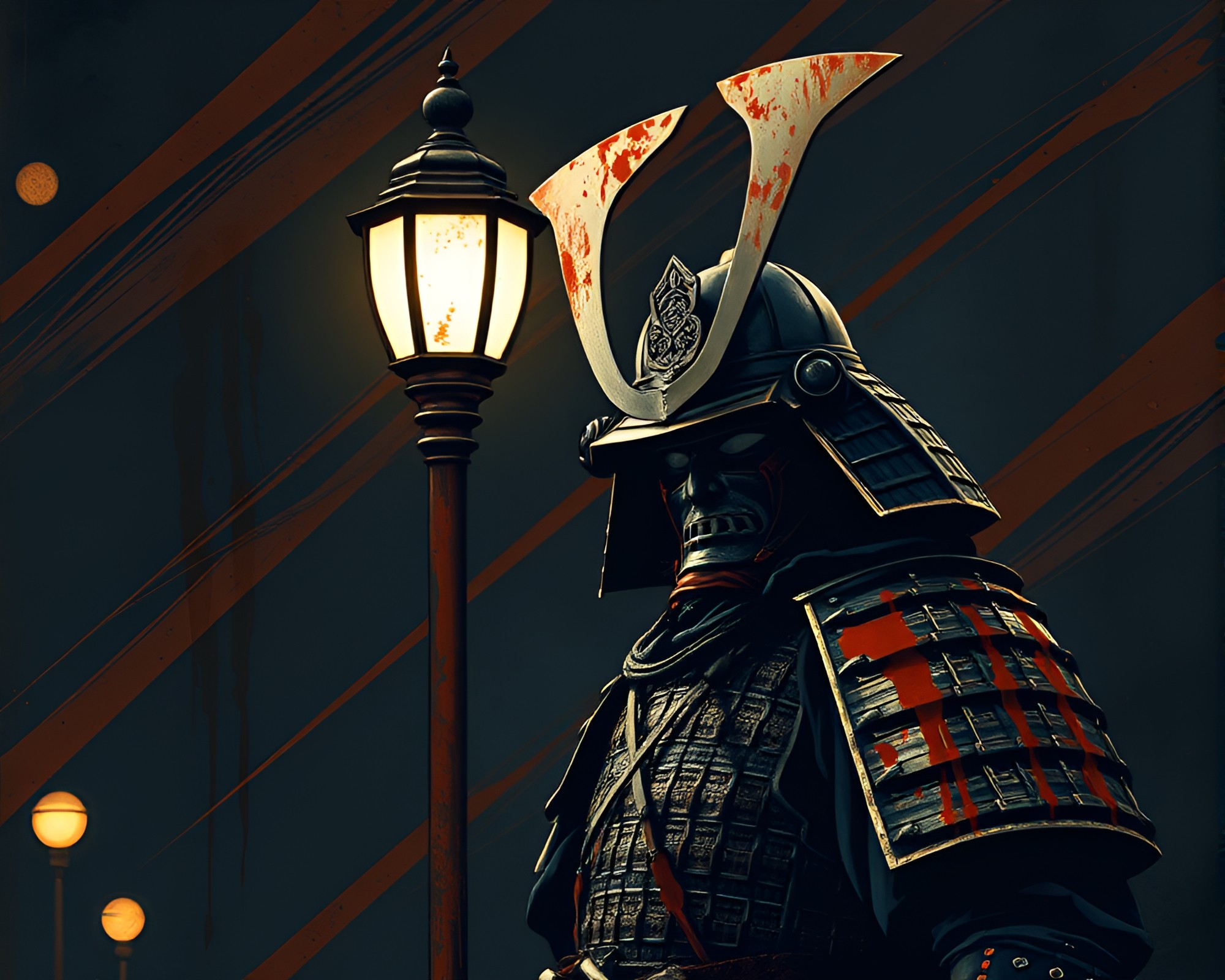 Samurai Warrior in Rust Stain Streetlamp Glow – free AI stock image