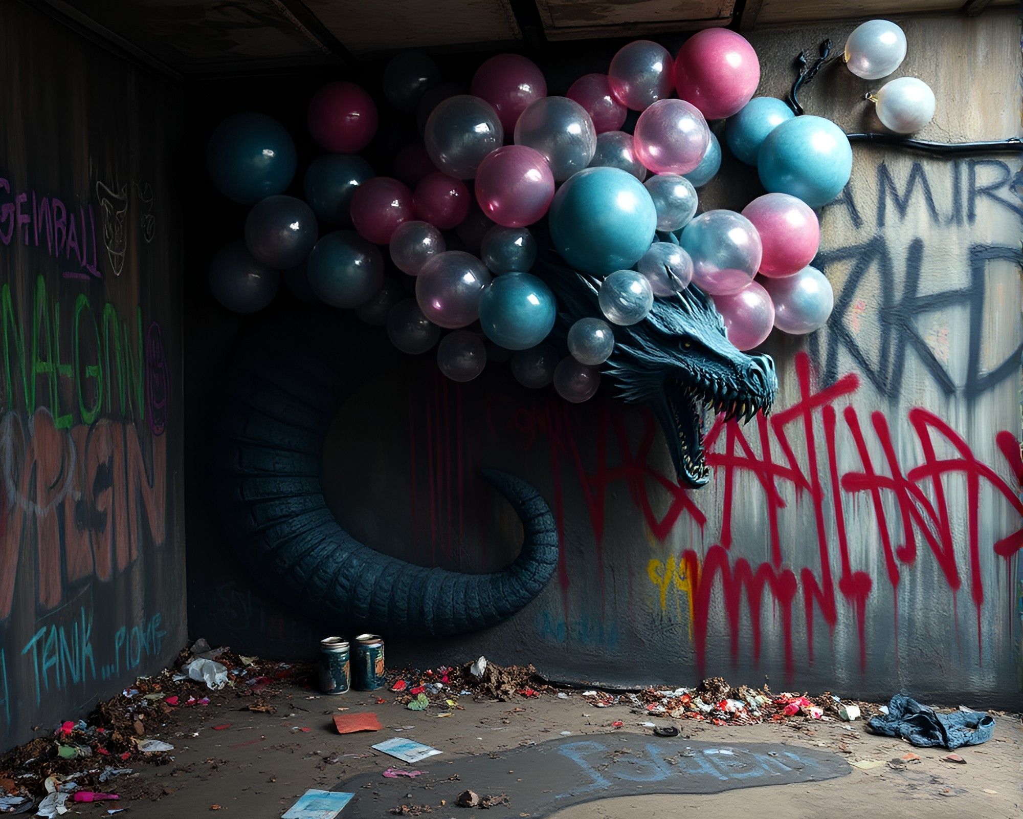 Dragon Egg Cluster in Urban Graffiti Basement – free AI stock image