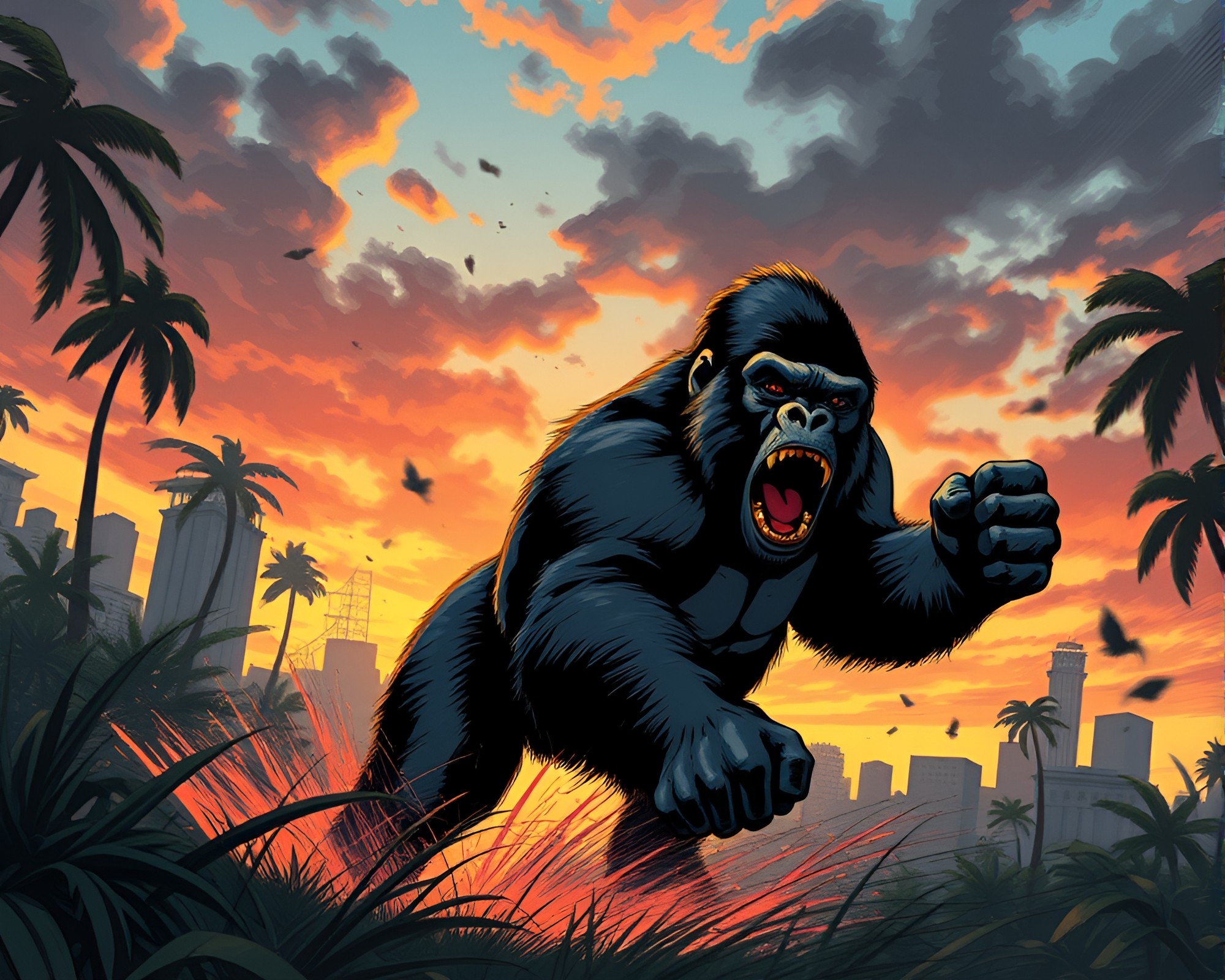 Gorilla Zoom Burst at Dusk in Comic Book Style – free AI stock image