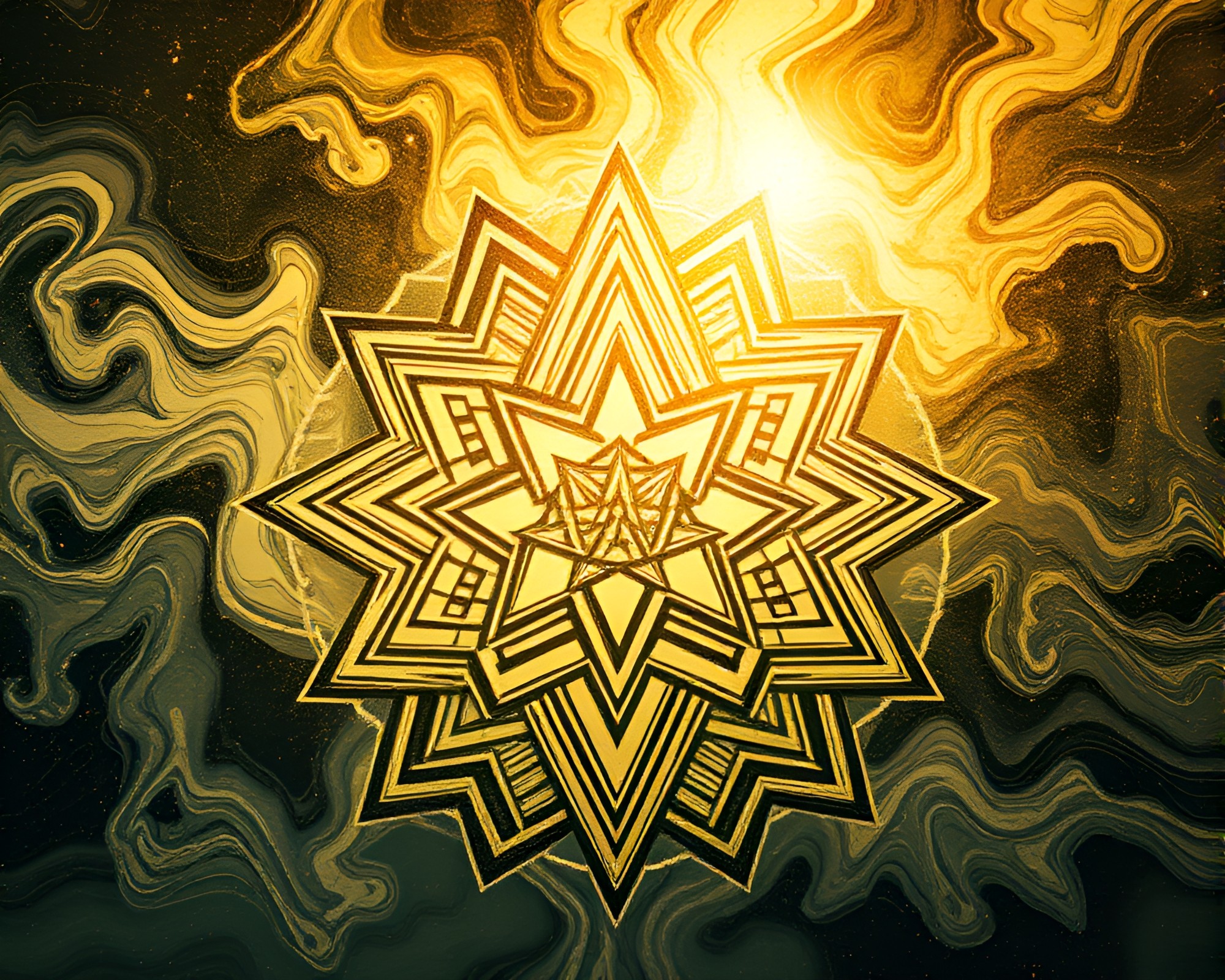 Sacred Geometry Woodblock Print with Overexposed Fluid Brightness – free AI stock image