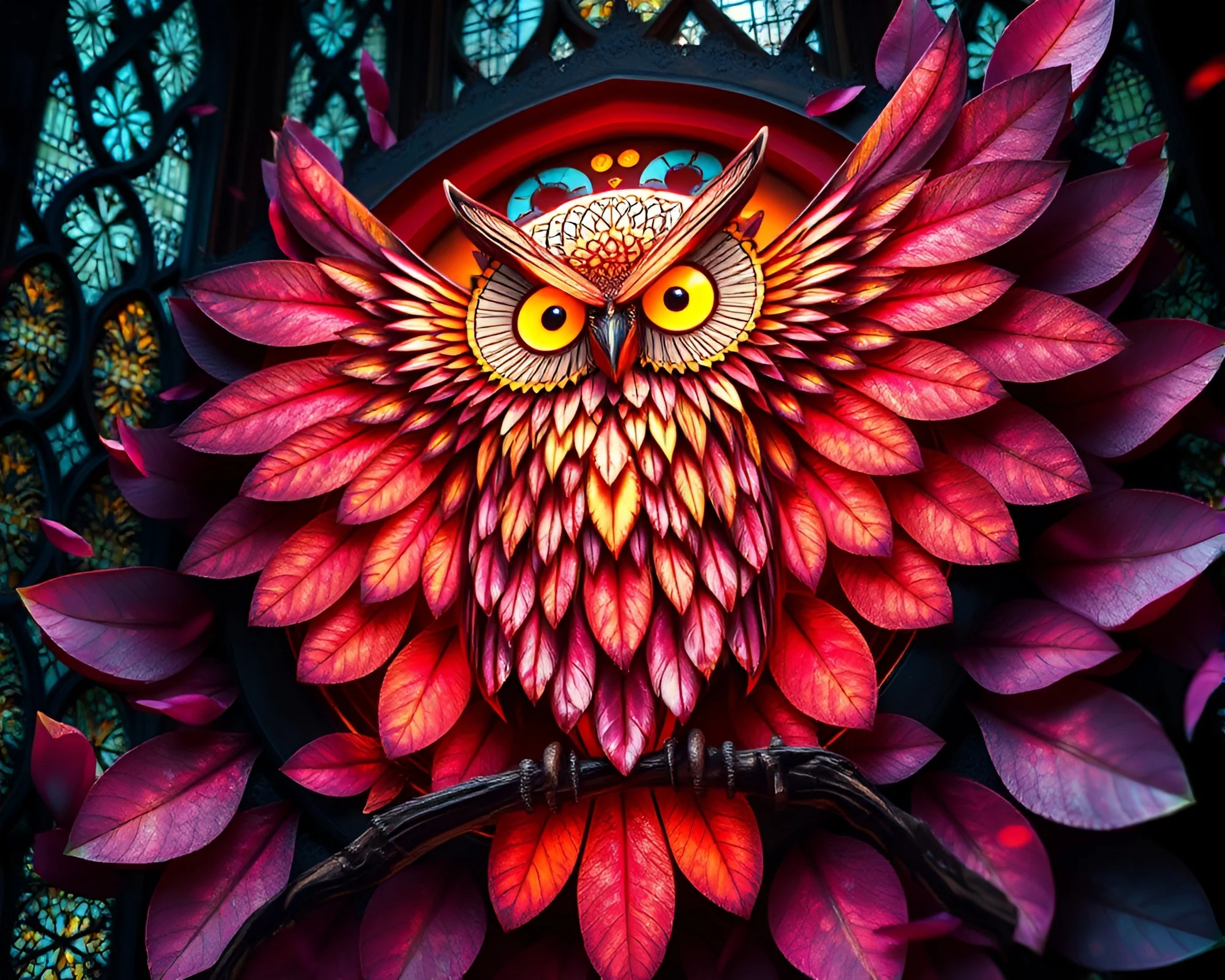 Clockwork owl surrounded by swirling fractal flower petals
