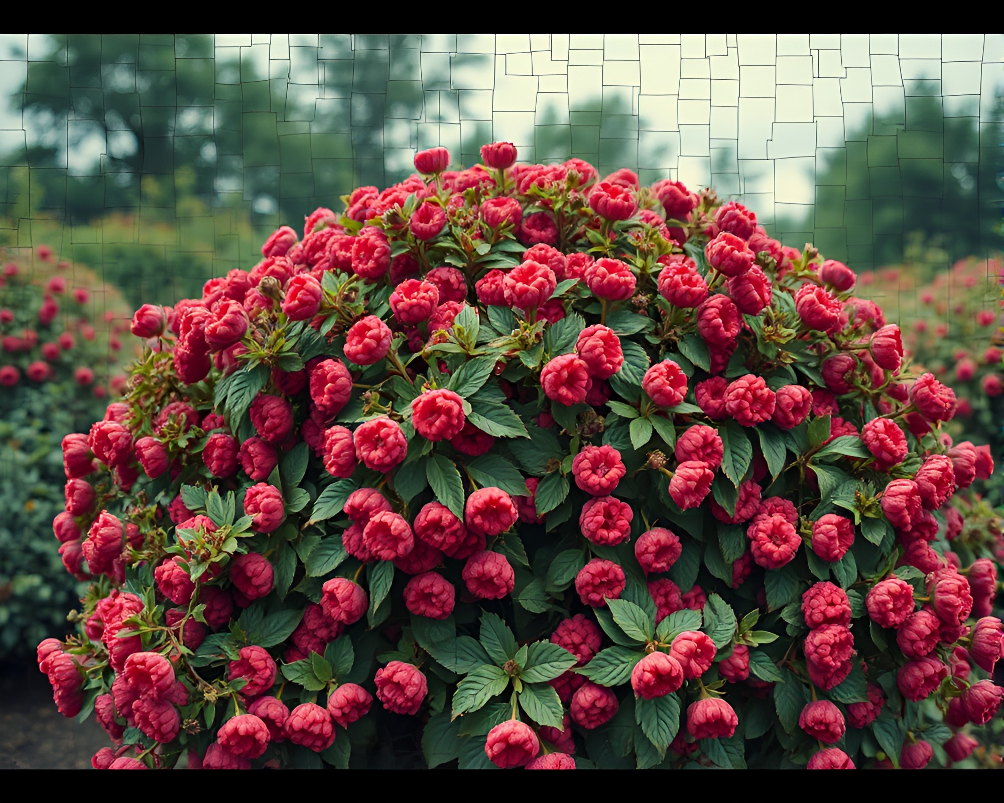Raspberry Bush Mosaic Through Retro Scanlines – free AI stock image