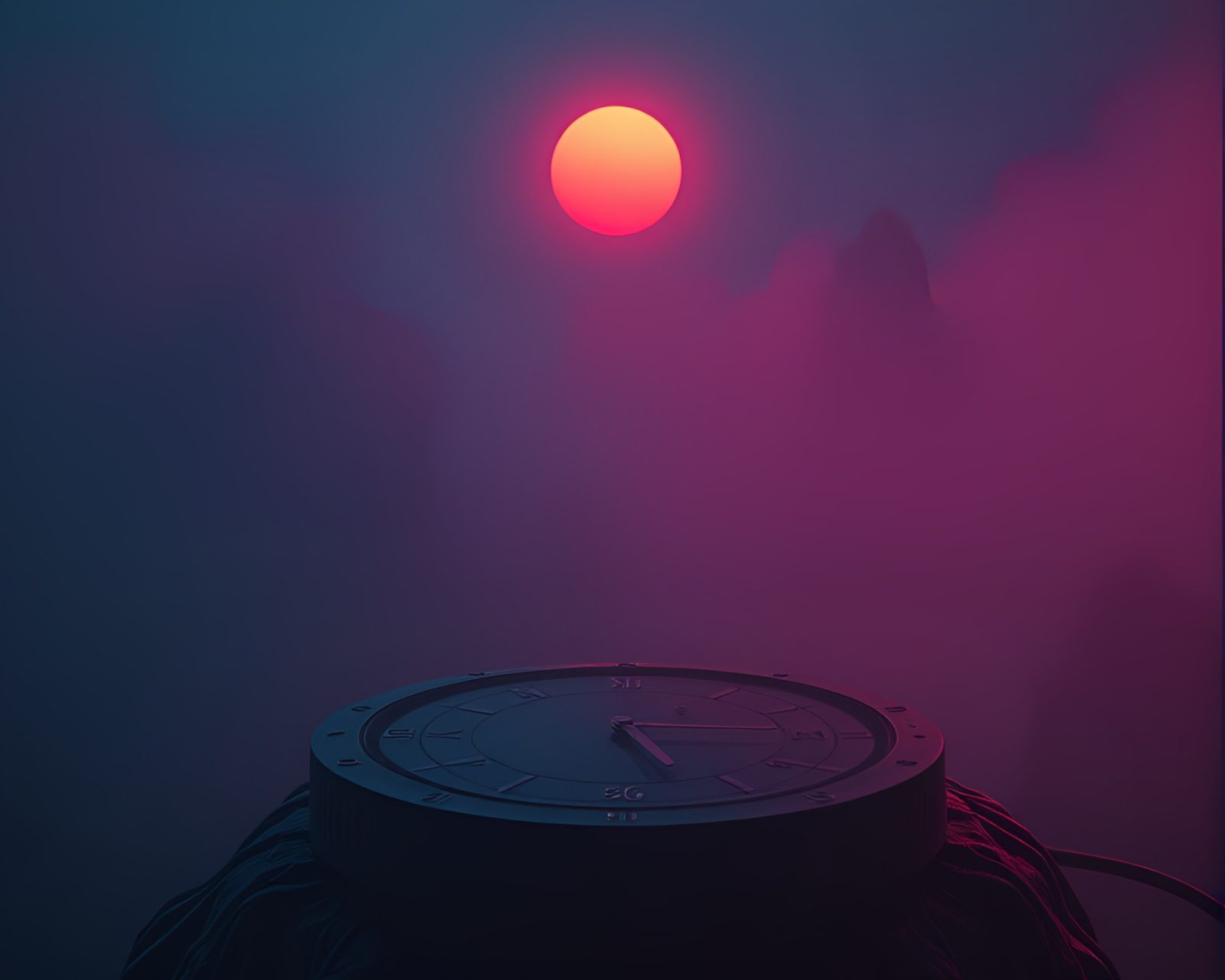 Glowing retro sundial held in mysterious misty scenery