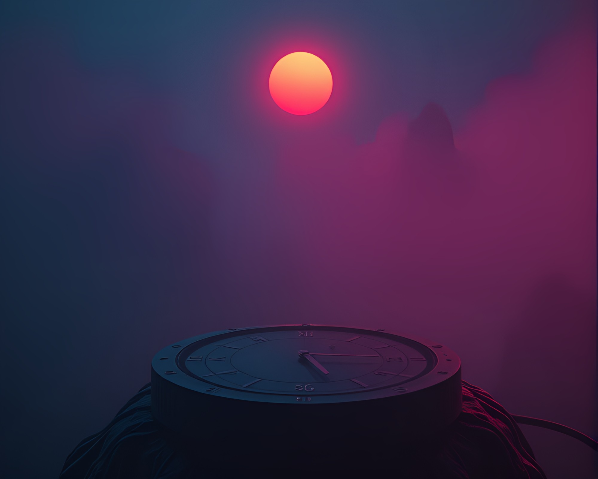 Synthwave Pocket Sundial in Misty Retro Landscape – free AI stock image