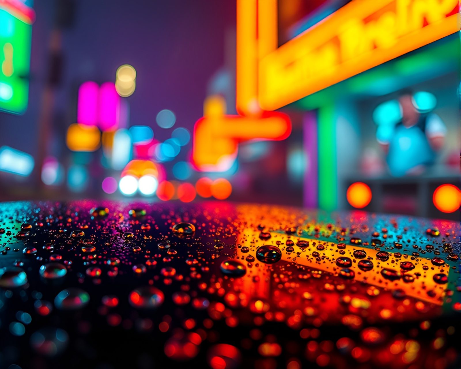 Vibrant neon rainbow rickshaw covered in dew drops