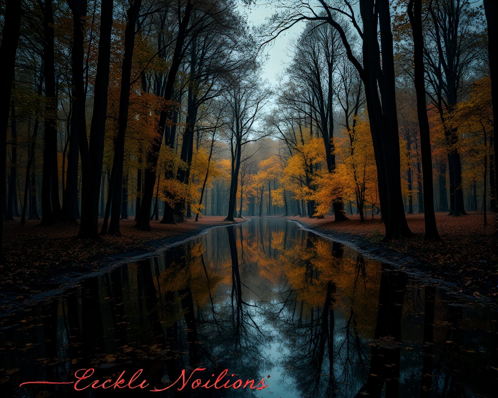 Chiaroscuro painting of rain-soaked autumn forest reflecting radial symmetry