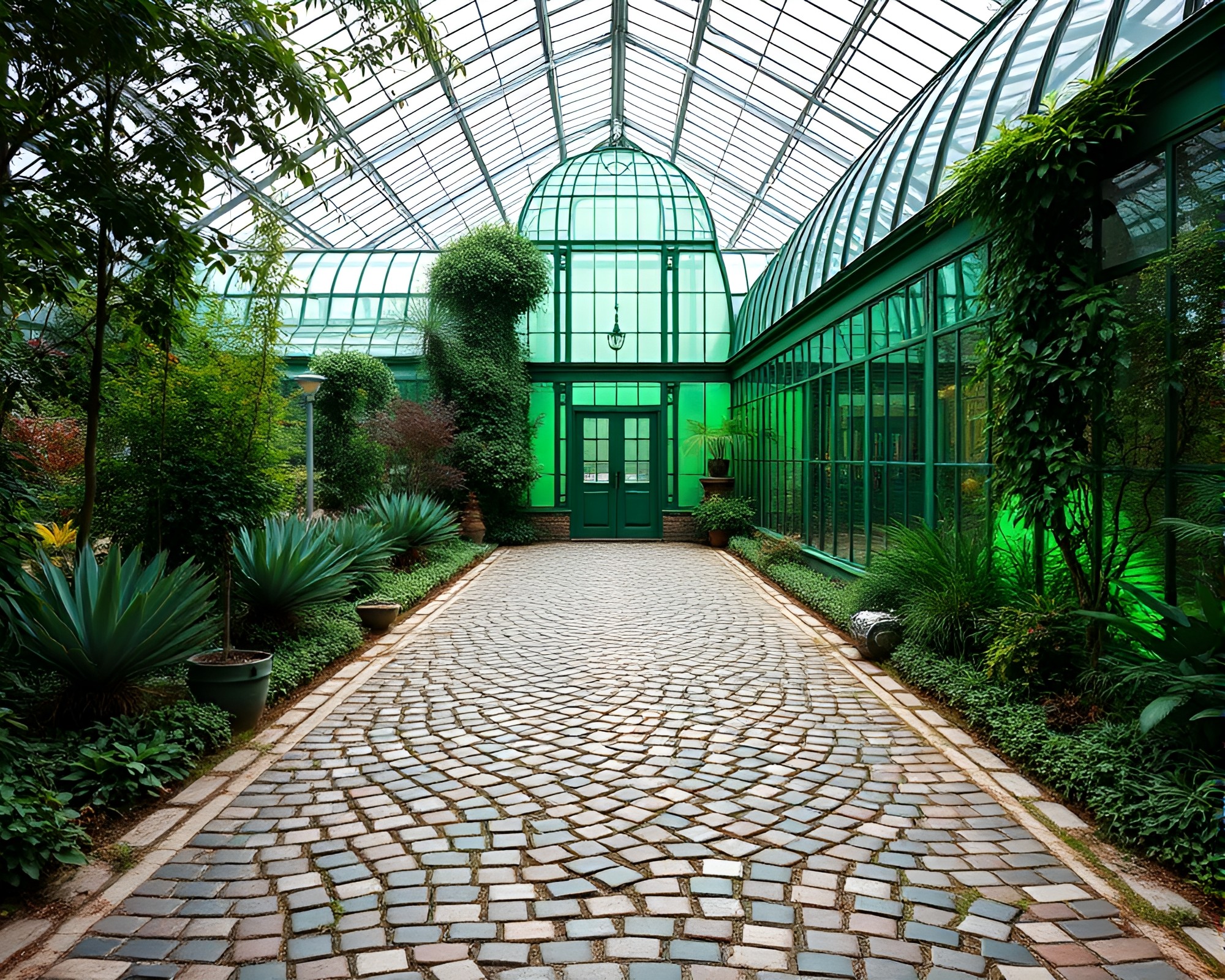 Emerald Green Glass Greenhouse Blueprint Path – free AI stock image