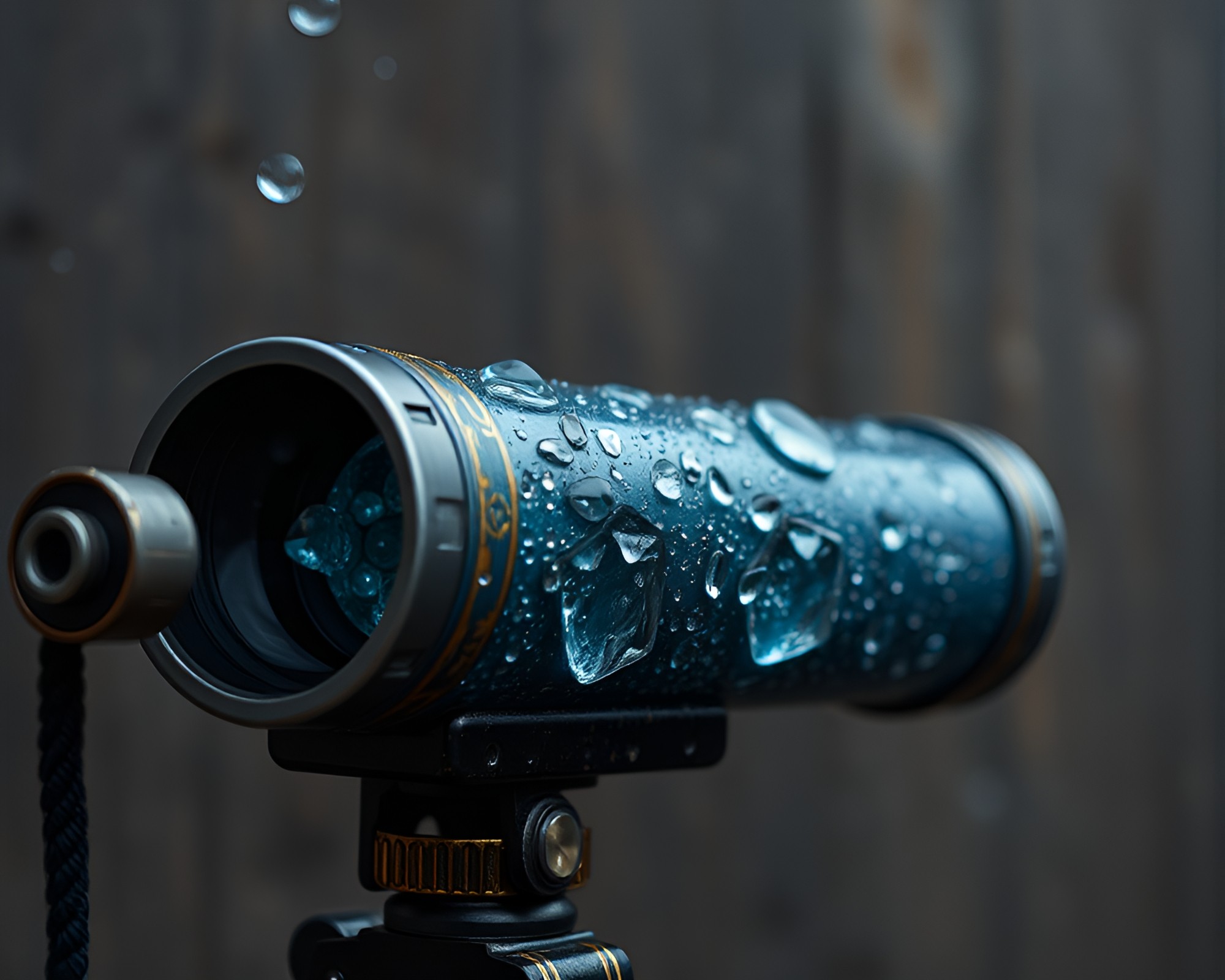 Telescope Observing Wet Glass Beads under Faded Denim Light – free AI stock image