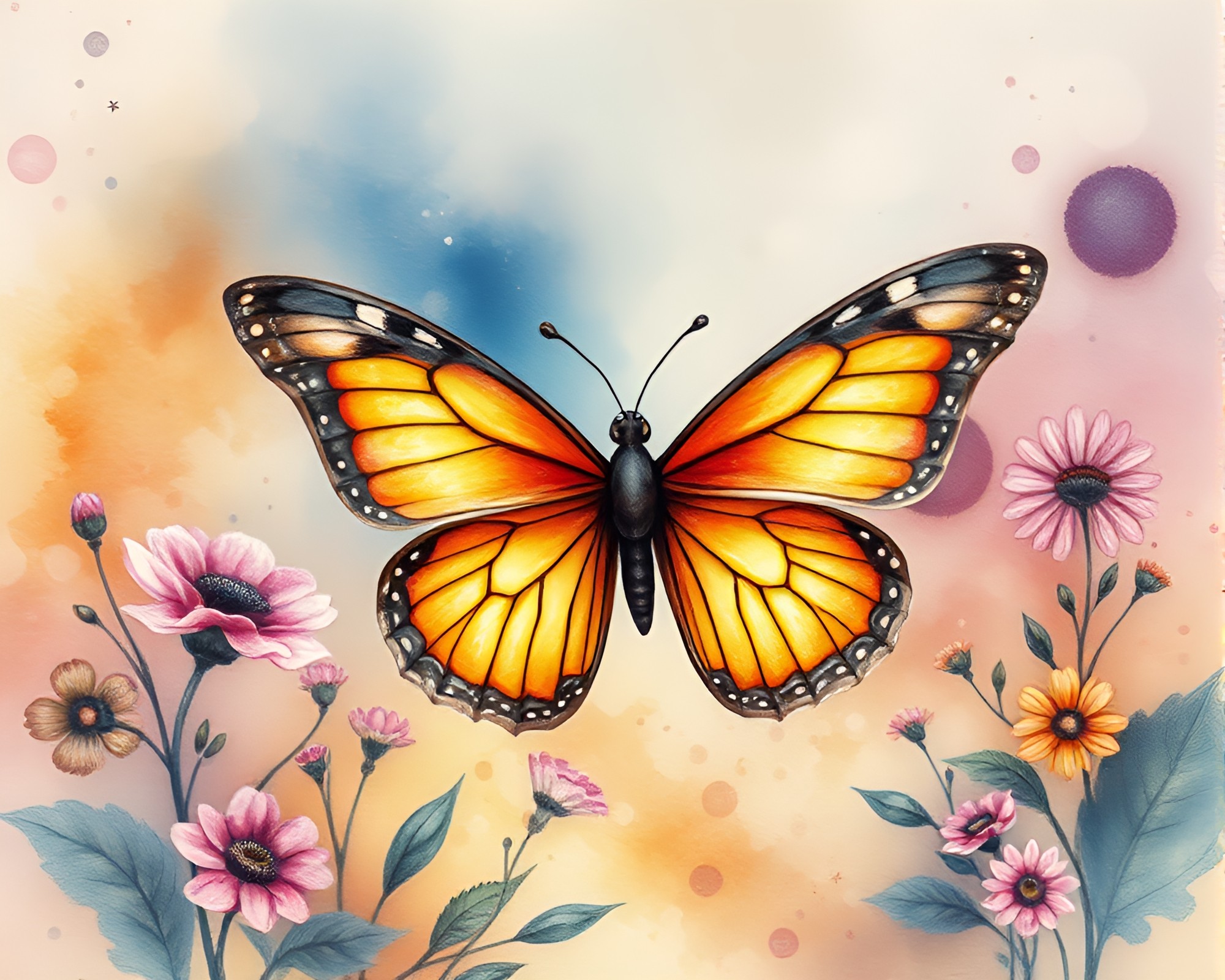 Silk Butterfly in Watercolor Vignette Border – free AI stock image