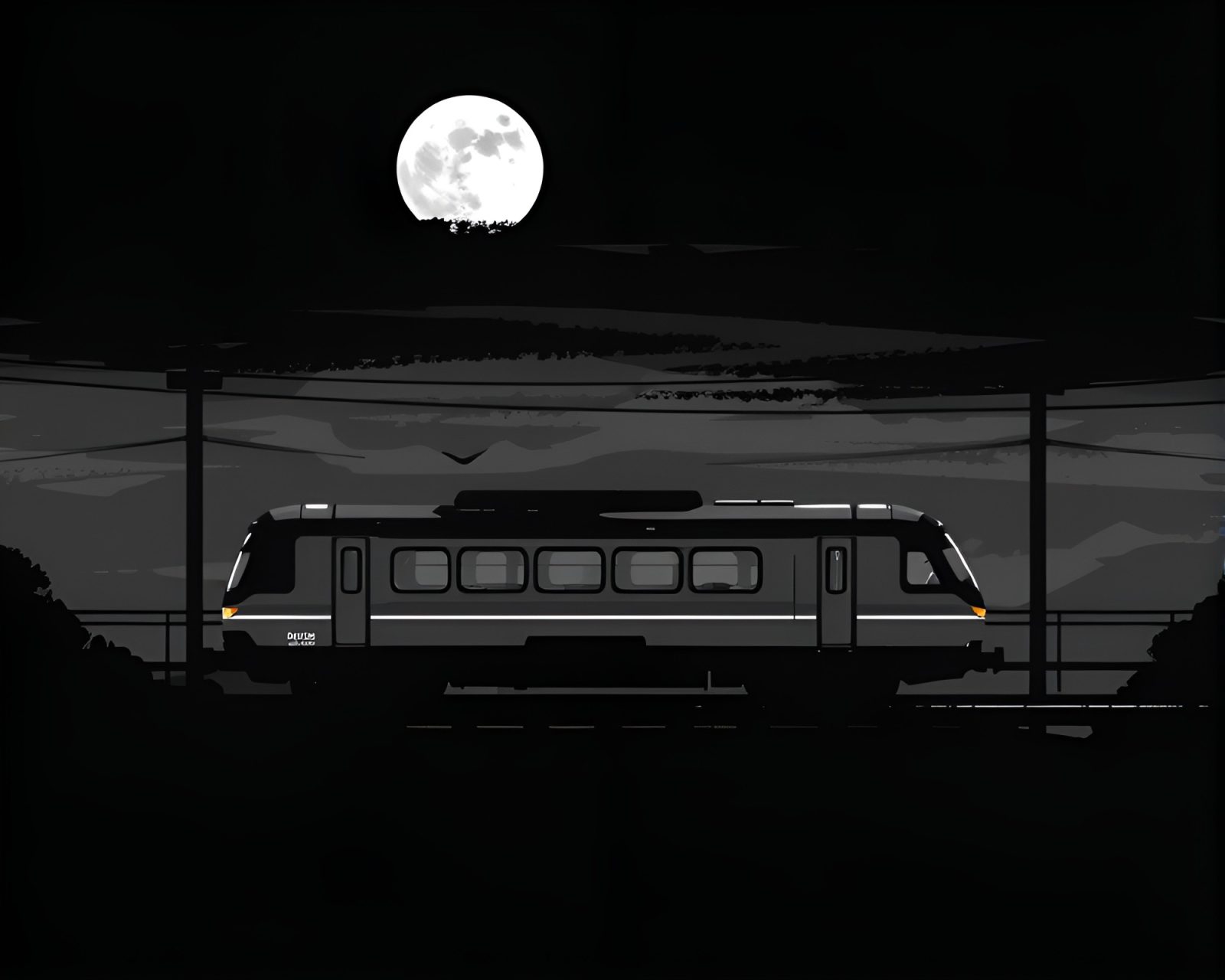 Voxel art monorail in grayscale with charcoal strokes