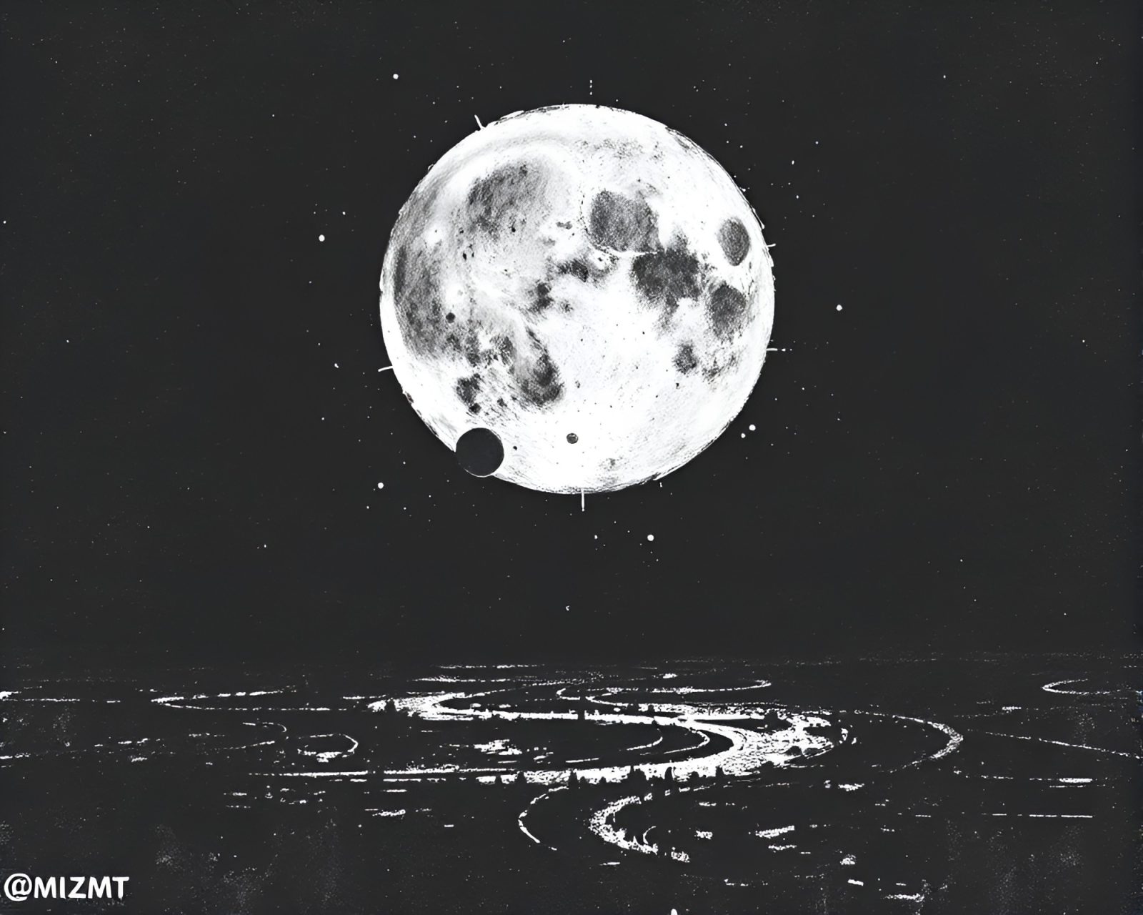 Charcoal moonlit scene with pixelated glitch elements and retro vibe