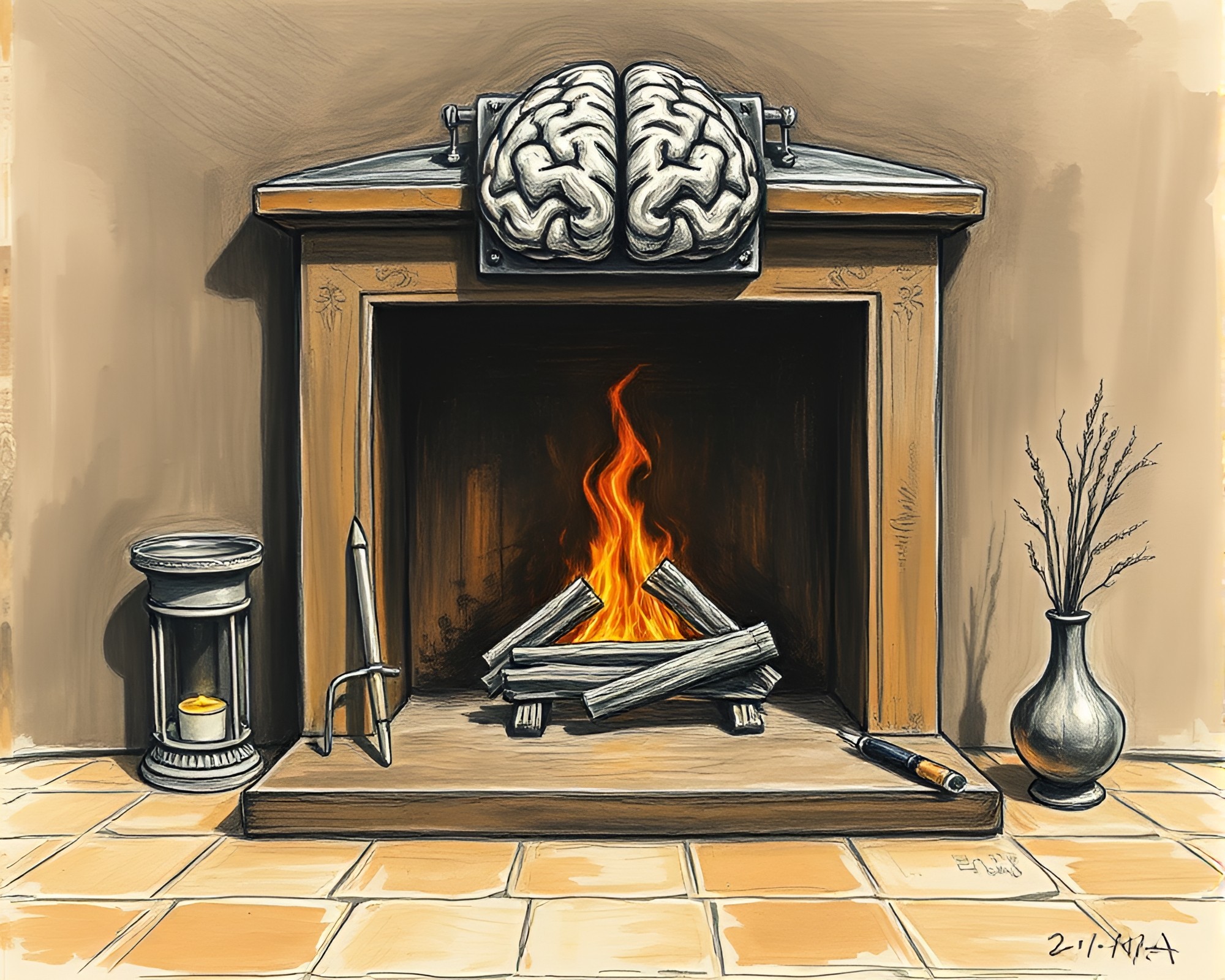 Bronze AI Brain by Fireplace: Conté Crayon Drawing – free AI stock image