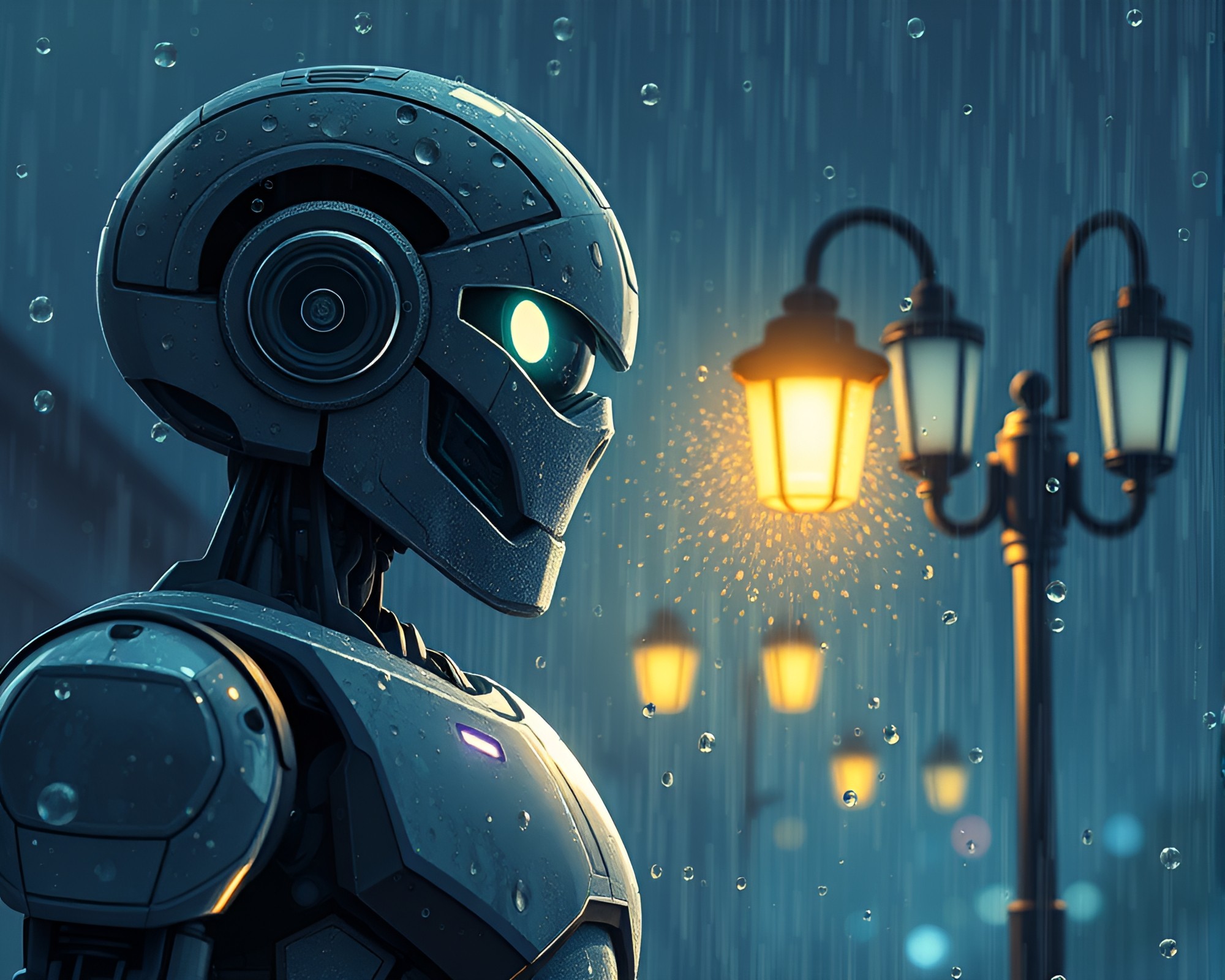 Robot with water droplets in urban streetlamp glow – free AI stock image