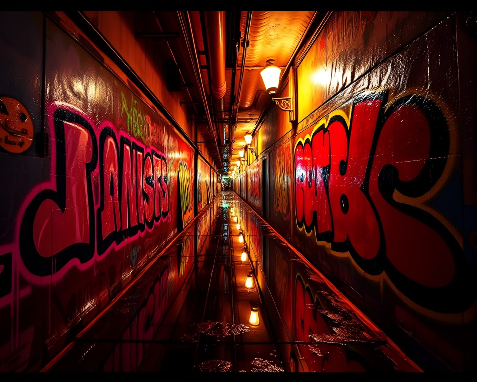 Colorful graffiti reflecting on shiny chrome in dramatic lighting