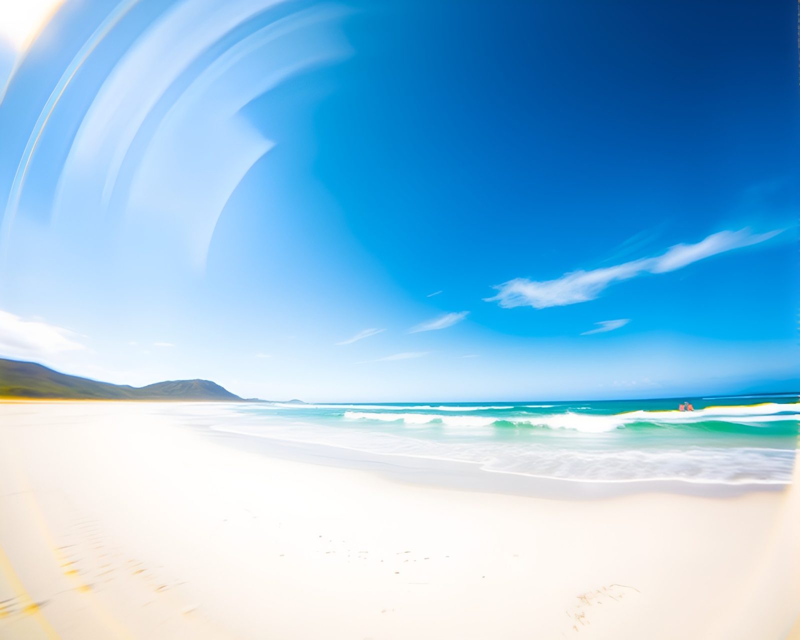 Surreal beach scene with warm off-white tones and distorted lens swirls
