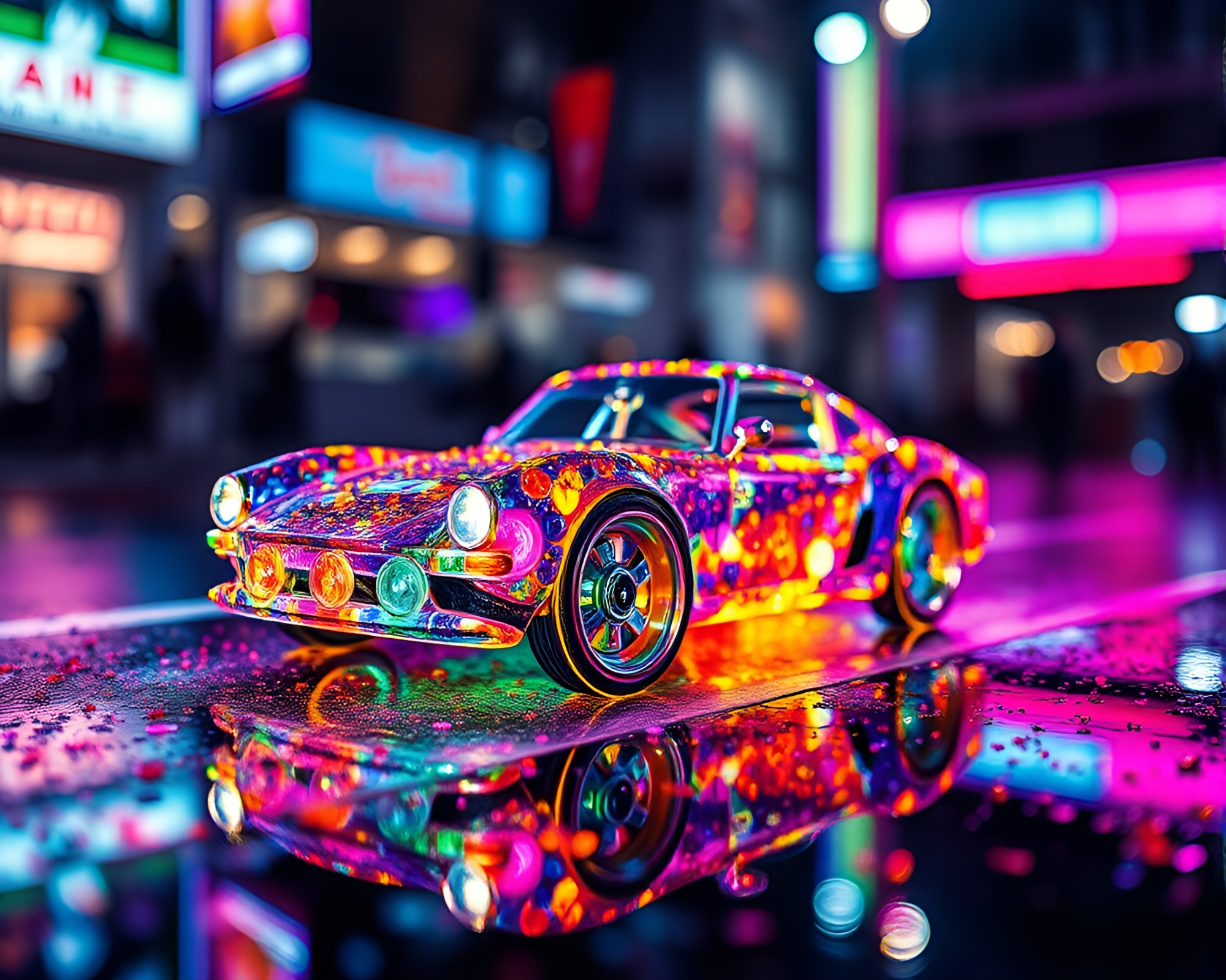 Neon Hover Car Reflection on Rainy Street – free AI stock image