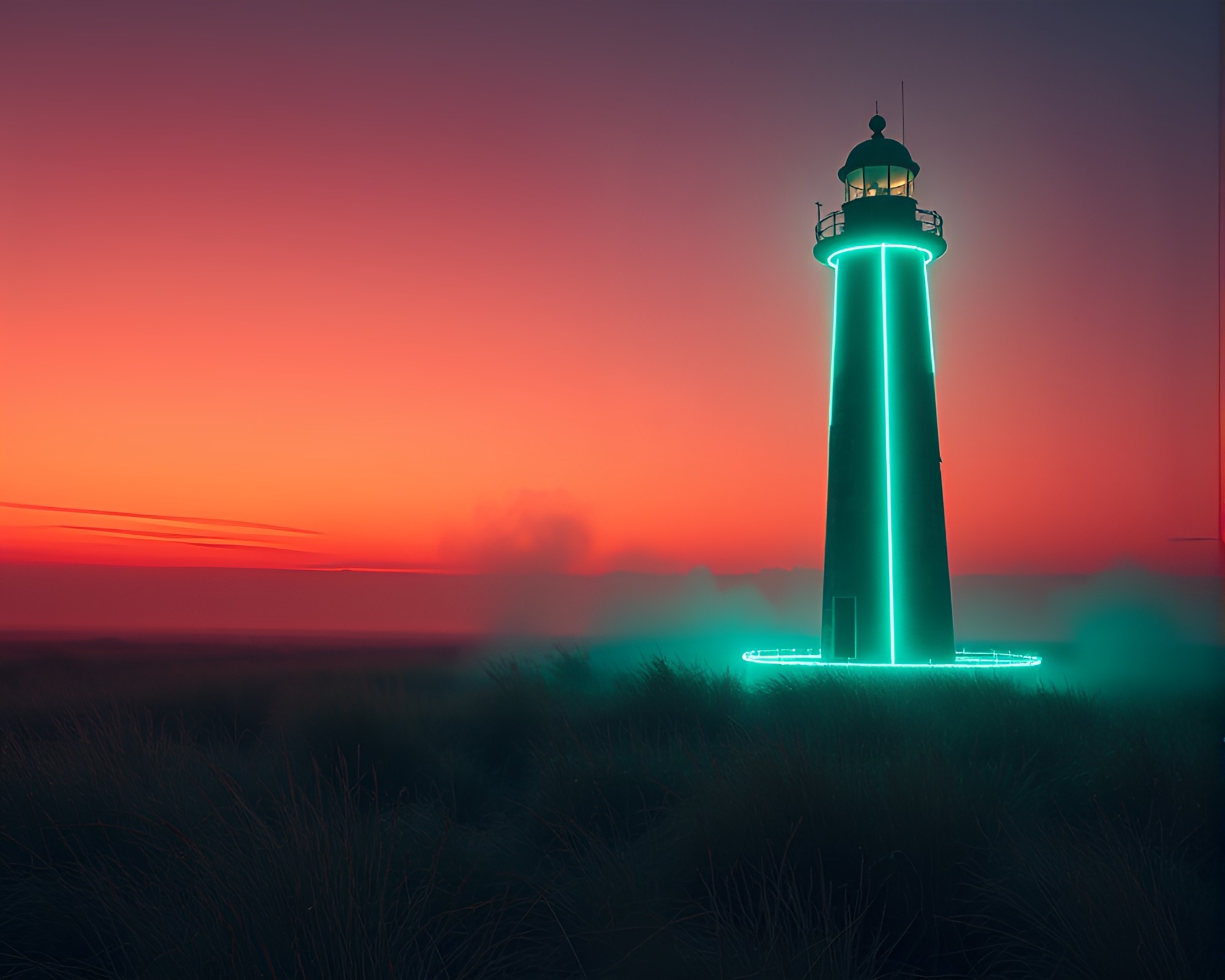 Neon Sunset at Abandoned Lighthouse Wireframe – free AI stock image