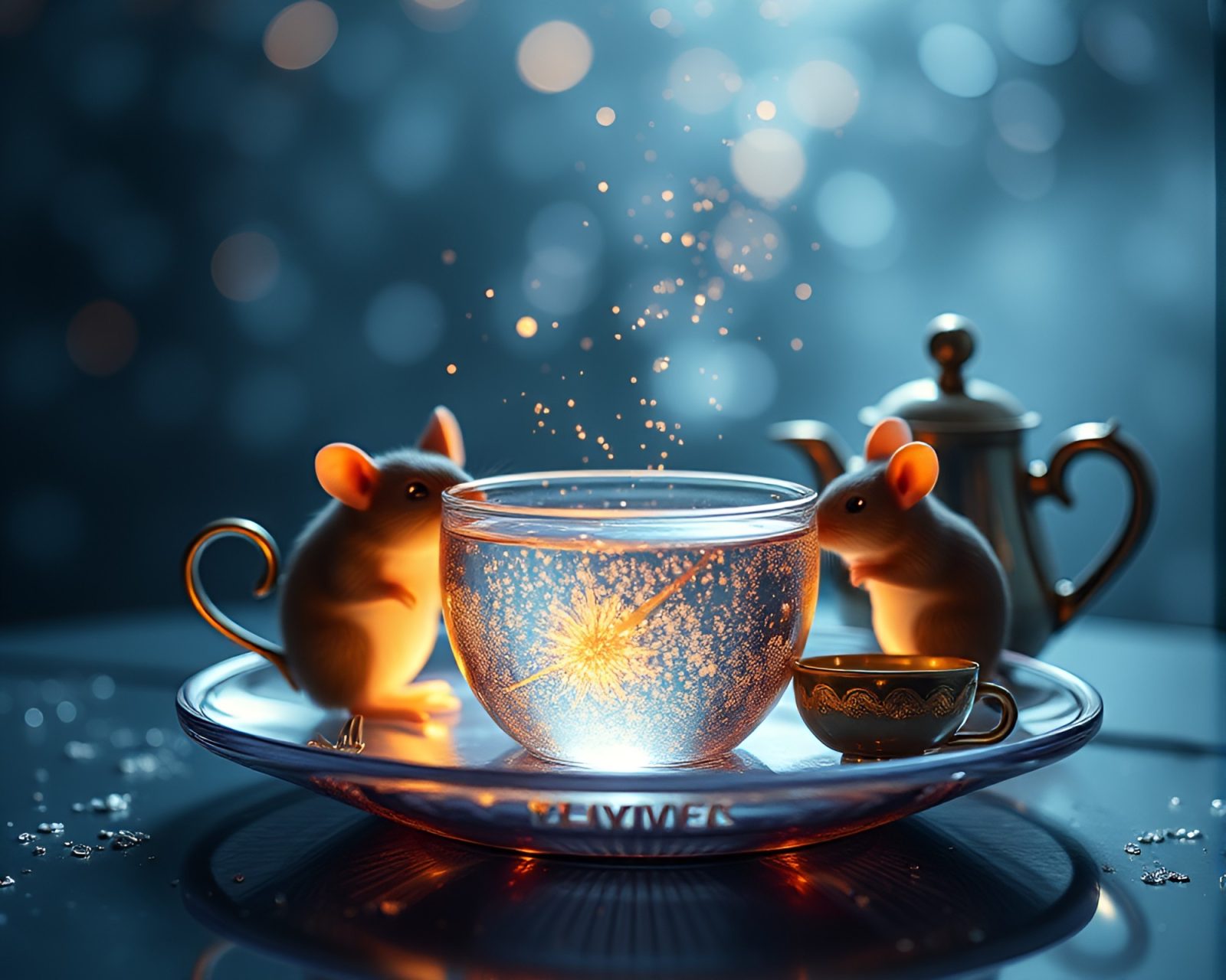 Ethereal tea set surrounded by sparkling floating particles
