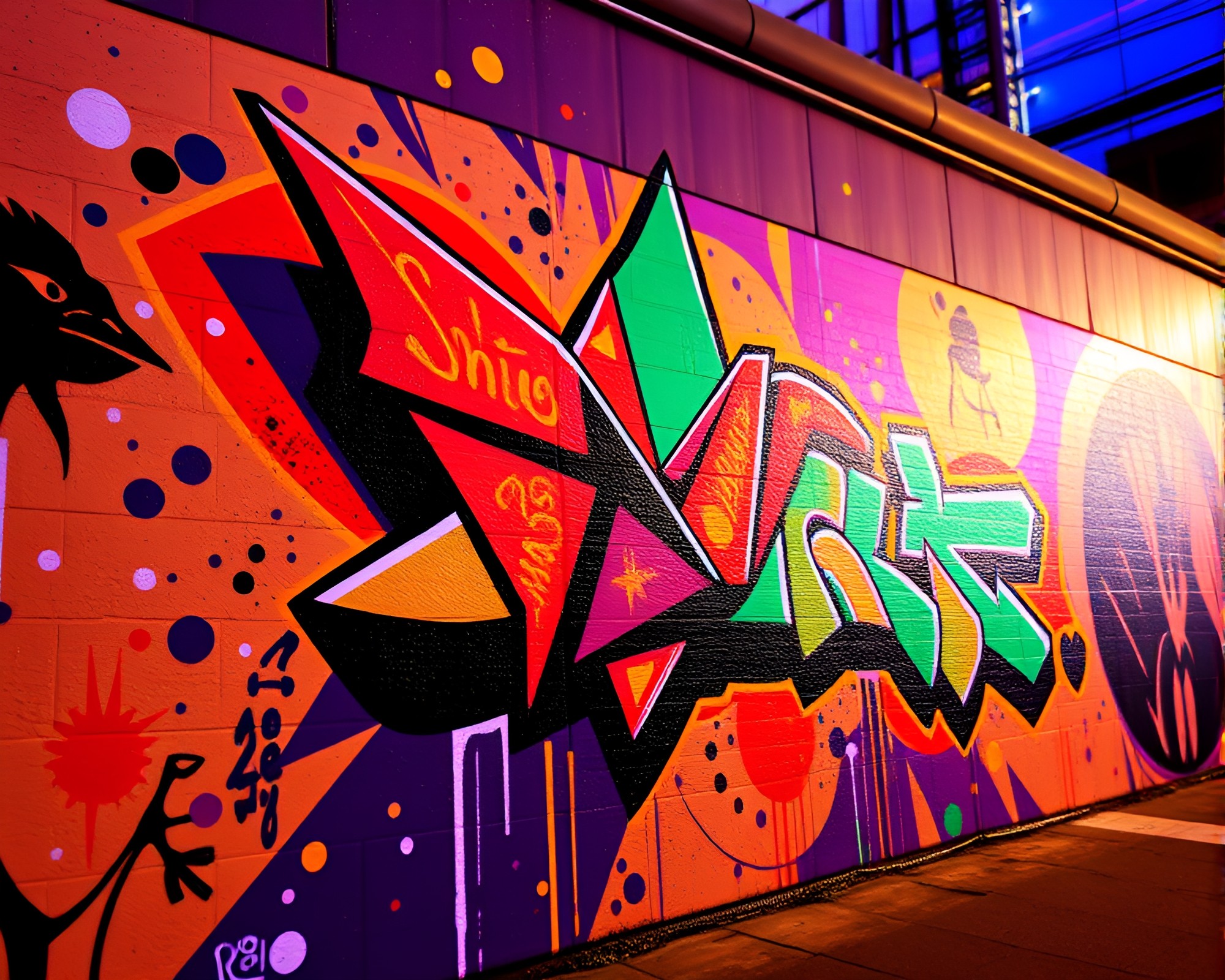 Graffiti Origami Crane Glows in Architectural Ultraviolet Shine – free AI stock image