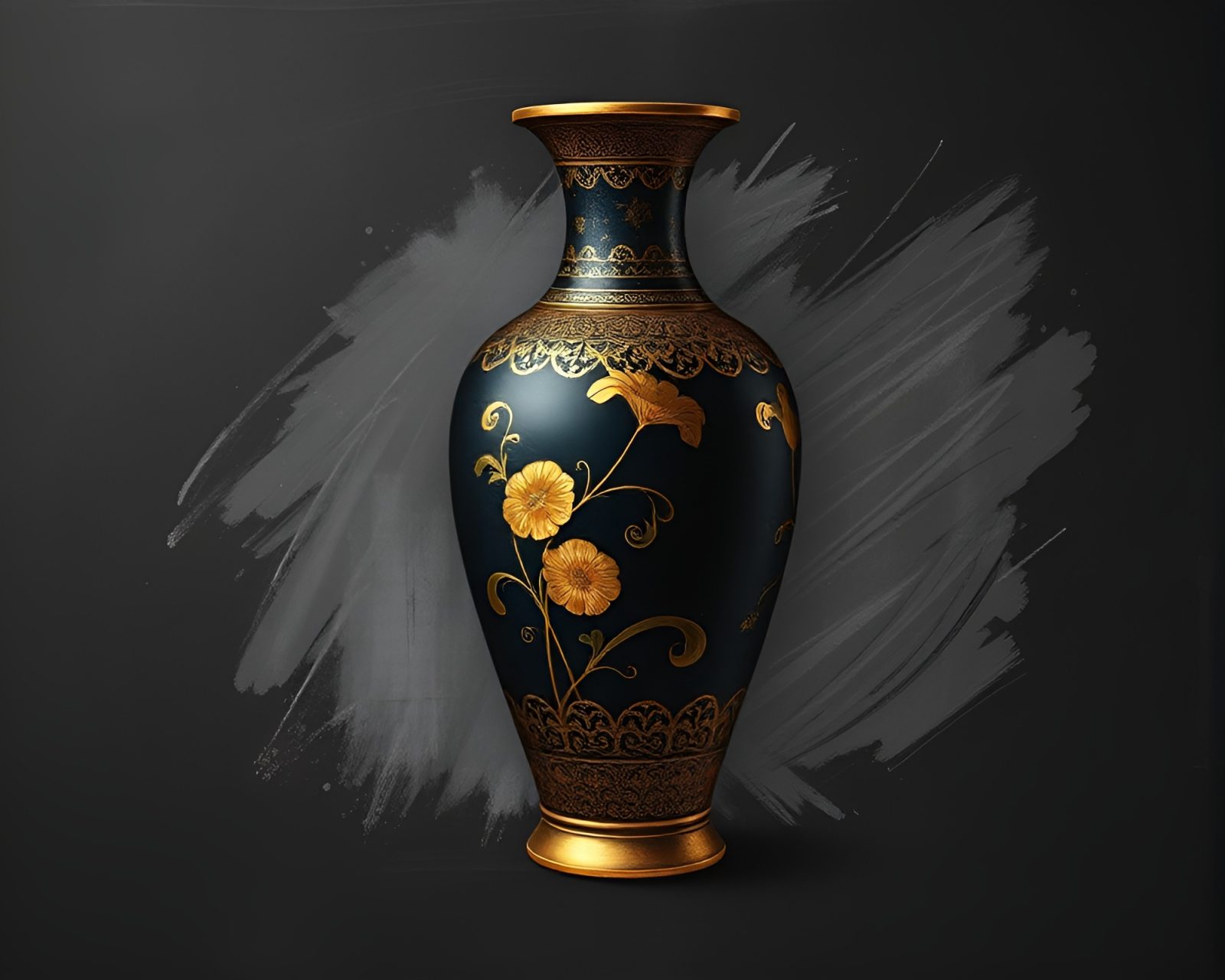 Fantastical scene of chalkboard smudges framing a Cloisonné vase