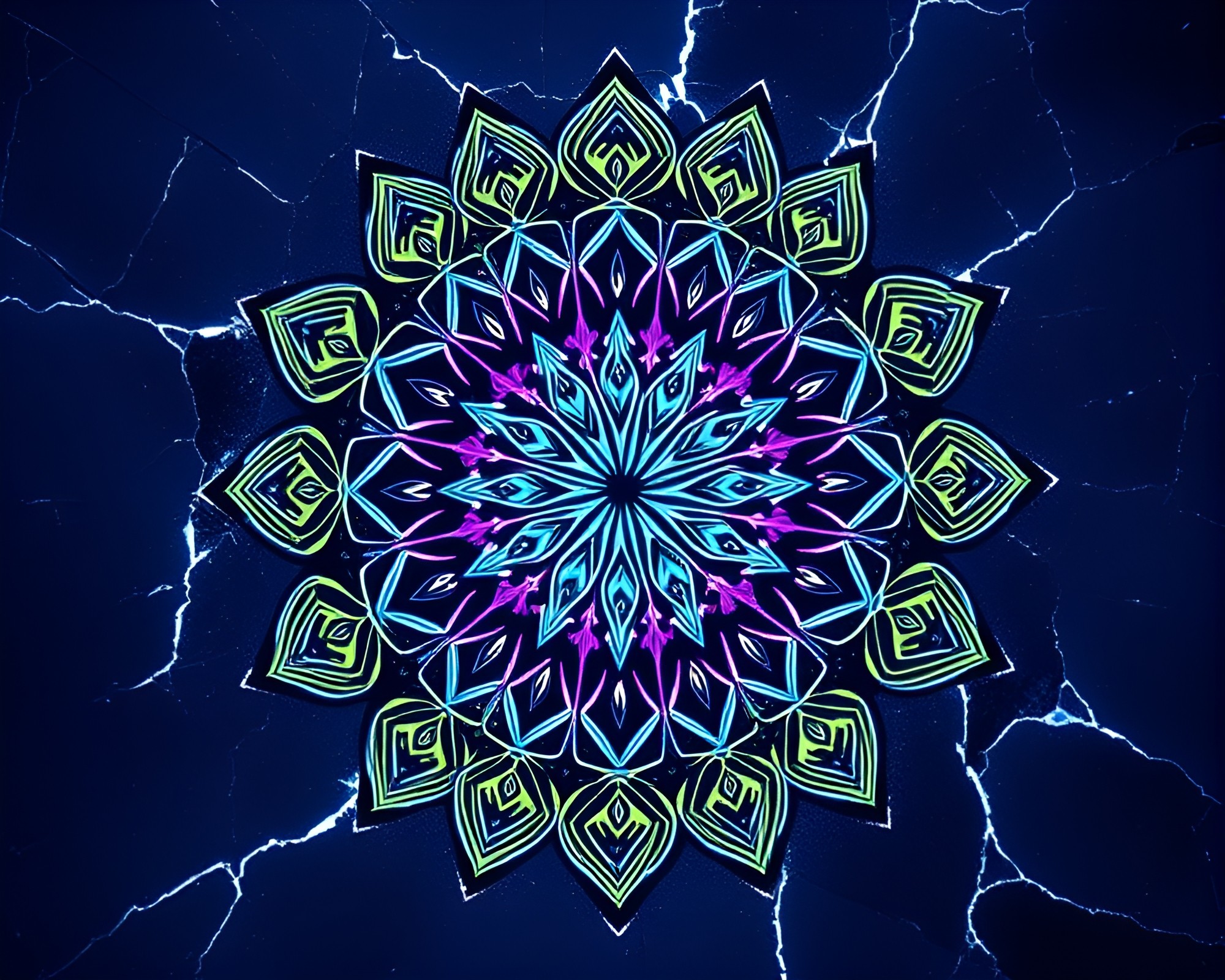 Ultraviolet Mandala on Reflective Ice Crack – free AI stock image