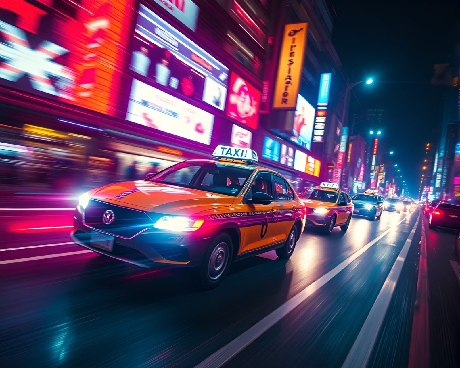 Vibrant algorithmic art of a hovering taxi with zoom burst effect under strobe lights