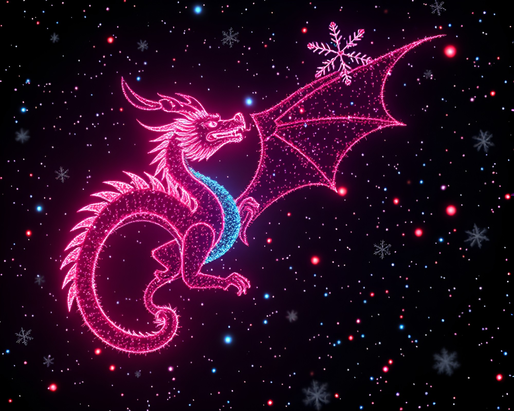 Celestial Dragon Glitch Art Strobe Light Snowflakes Composition – free AI stock image