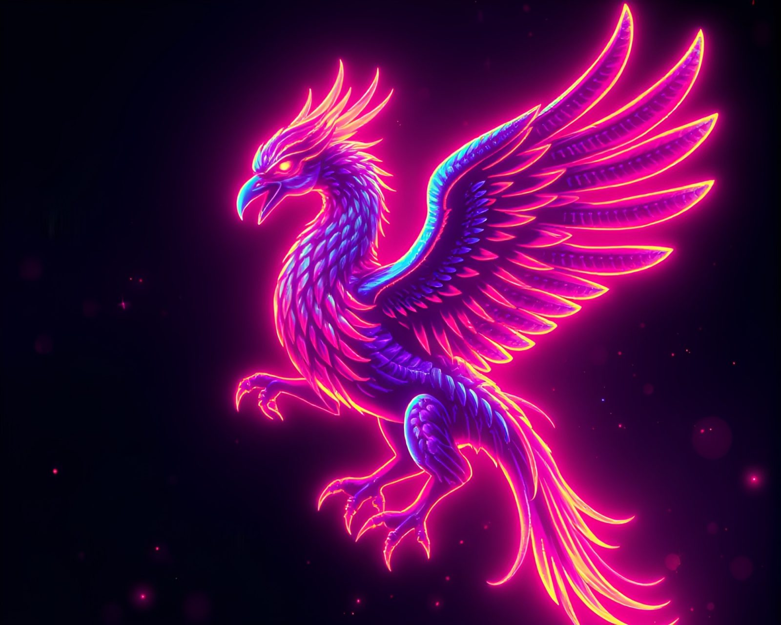 Glowing gryphon with pixelated wings in holographic starry sky