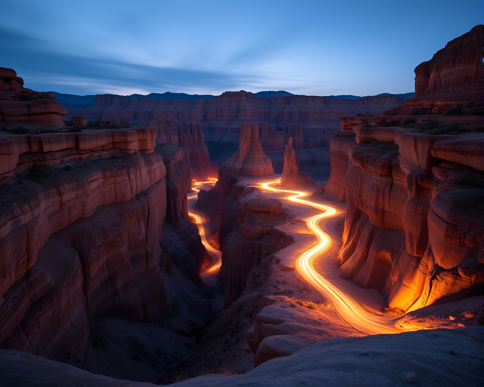 Eroded Canyon Light Trails: Faded Denim Slow Shutter Art – free AI stock image