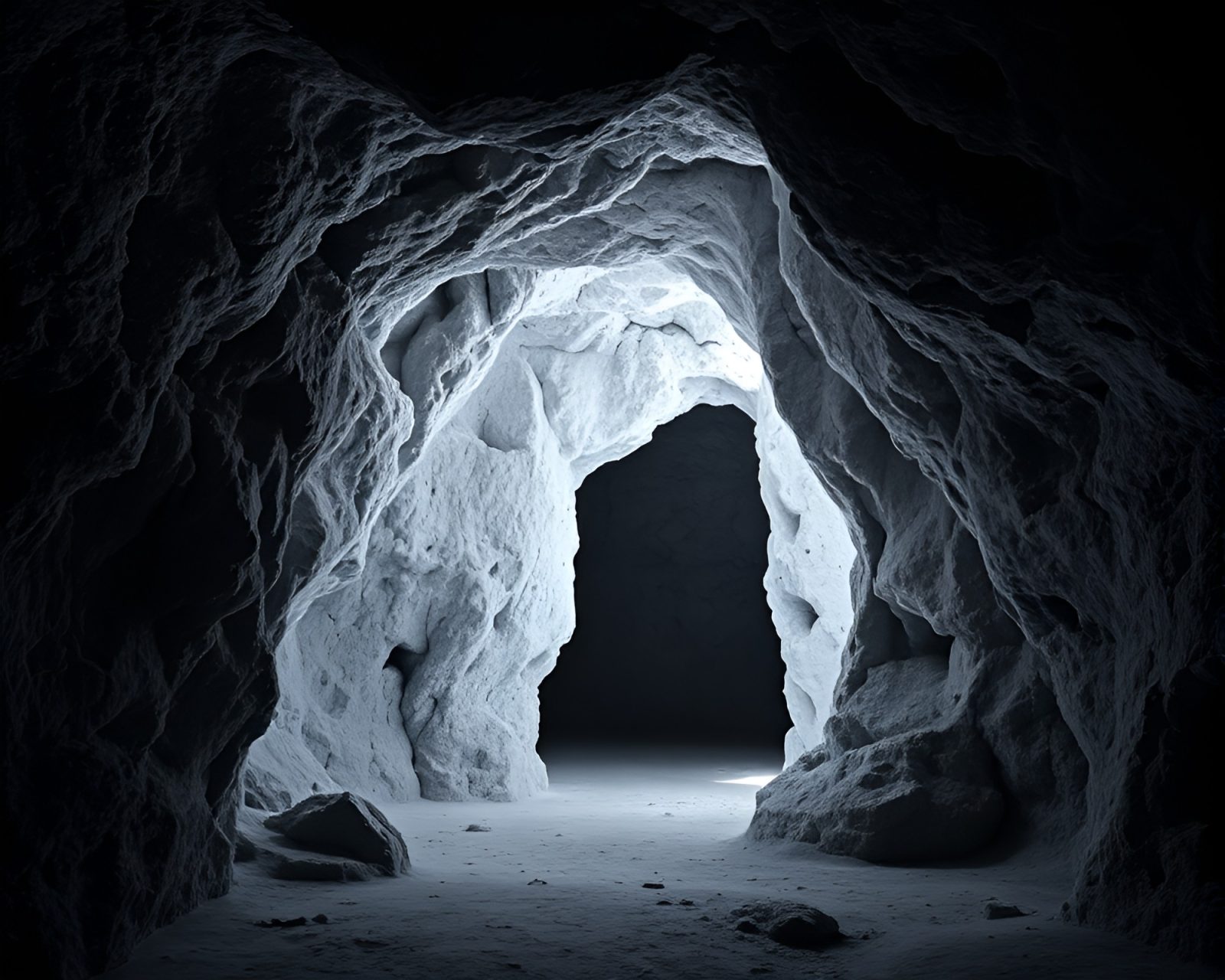 Dark, complex patterns leading into mystical cavern captured in infrared