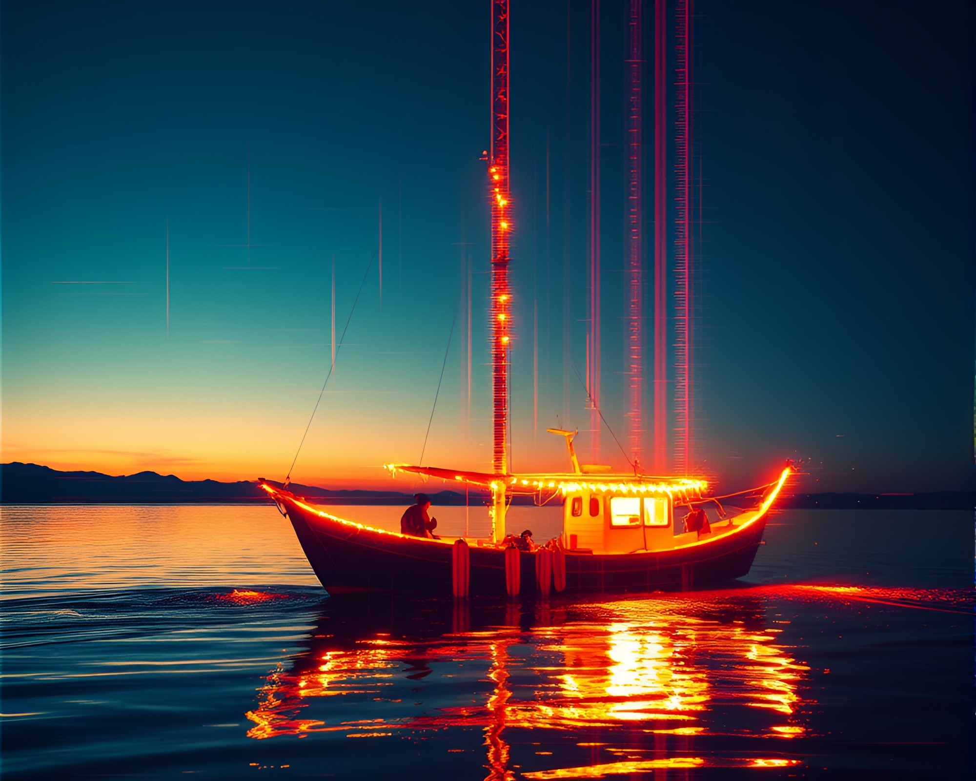 Glitchy Hydrofoil Boat in Luminescent Firefly Divisionism – free AI stock image