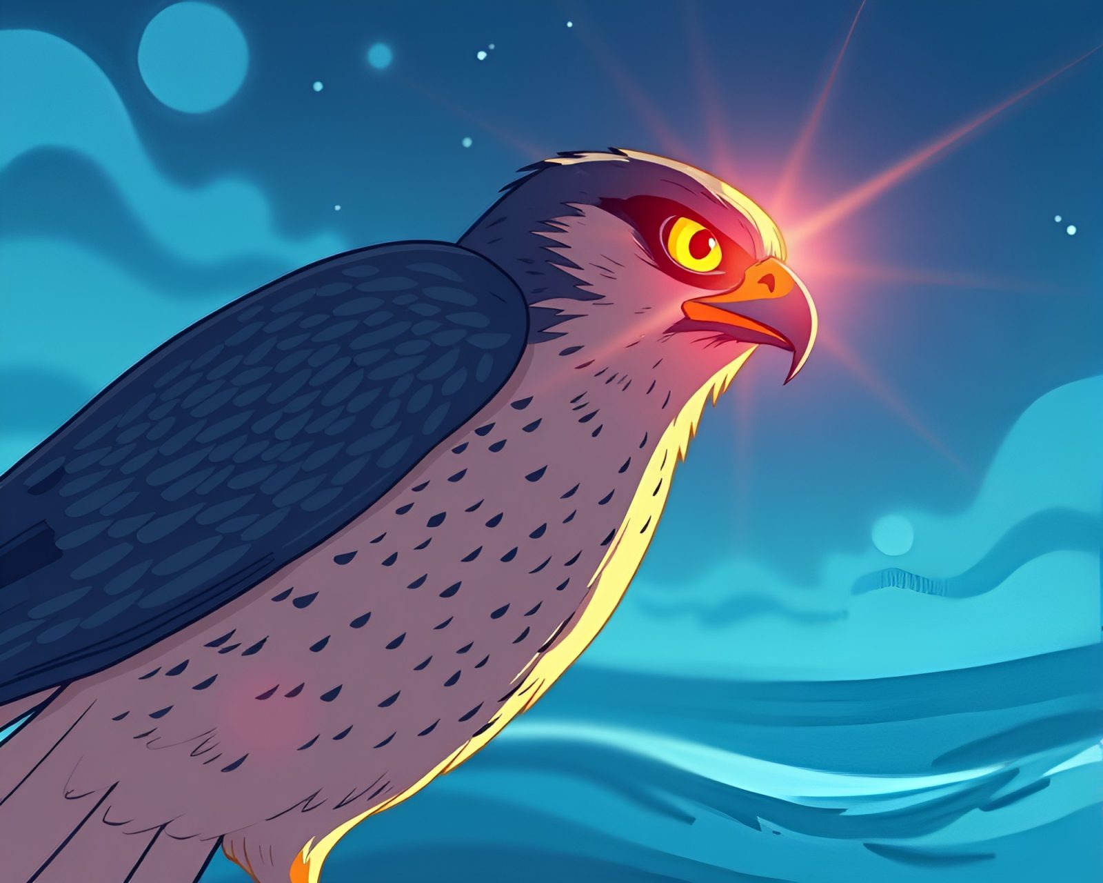 Cartoon style falcon with lens flare flying over ocean
