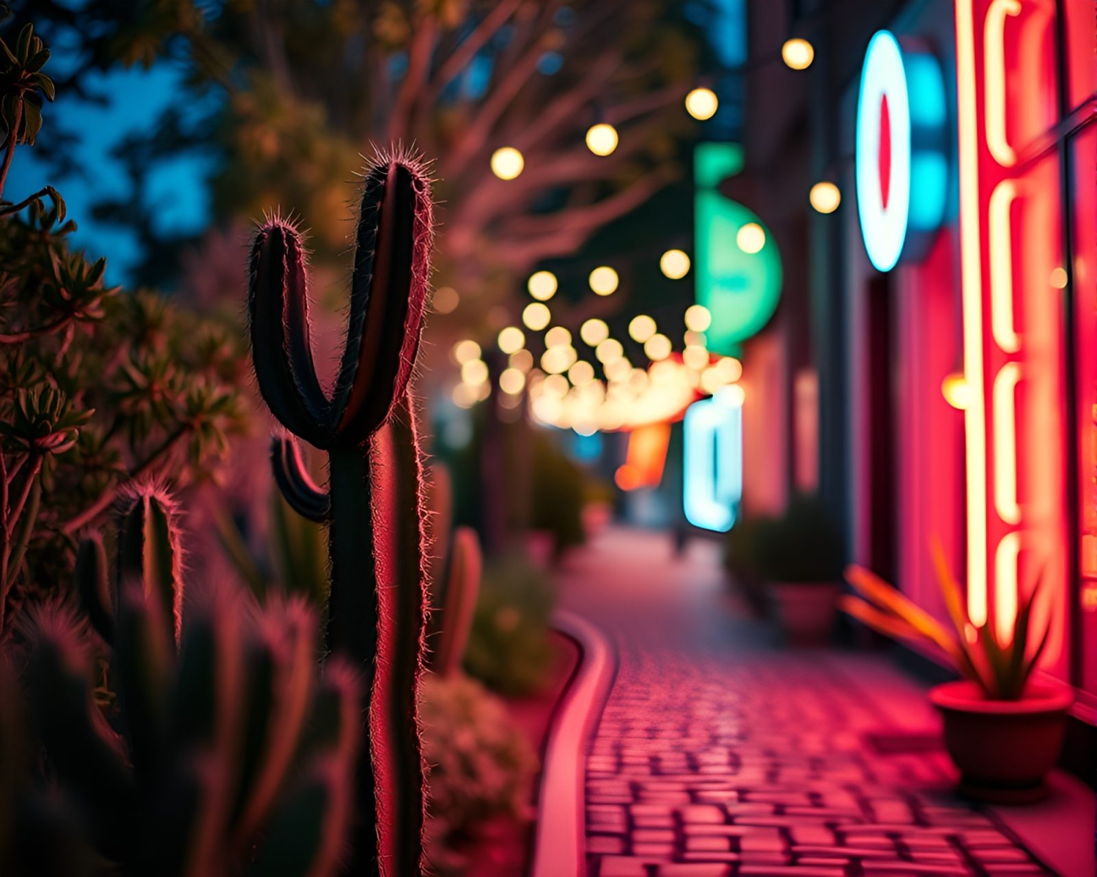 Tilt-Shift Neon Cactus Illuminating Triadic Color Cobblestones
